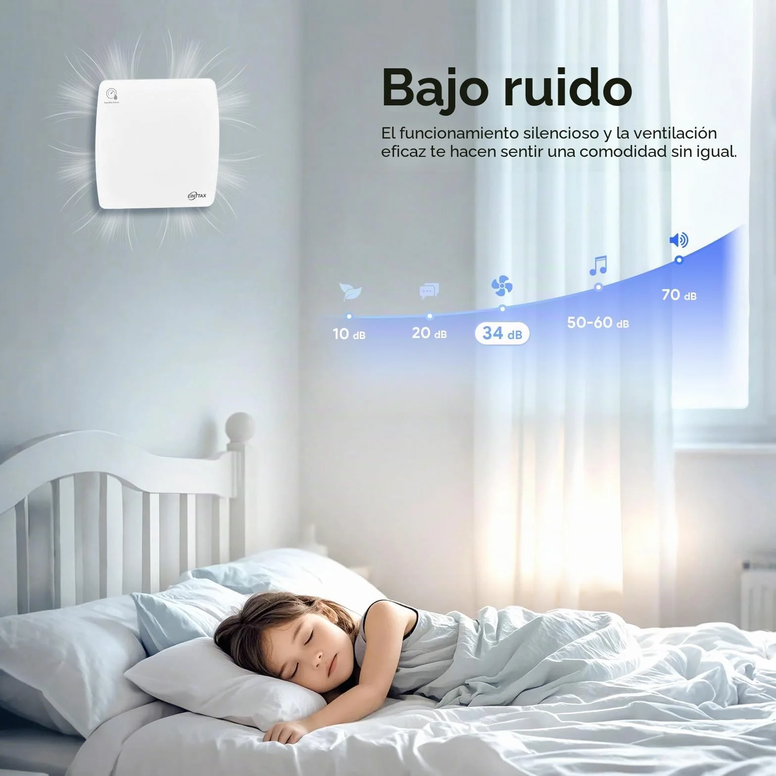 Ventilador extractor silencioso 100 mm baño sensor humedad temporizador blanco cuadrado 95 m³/h pared ventana cocina ducha
