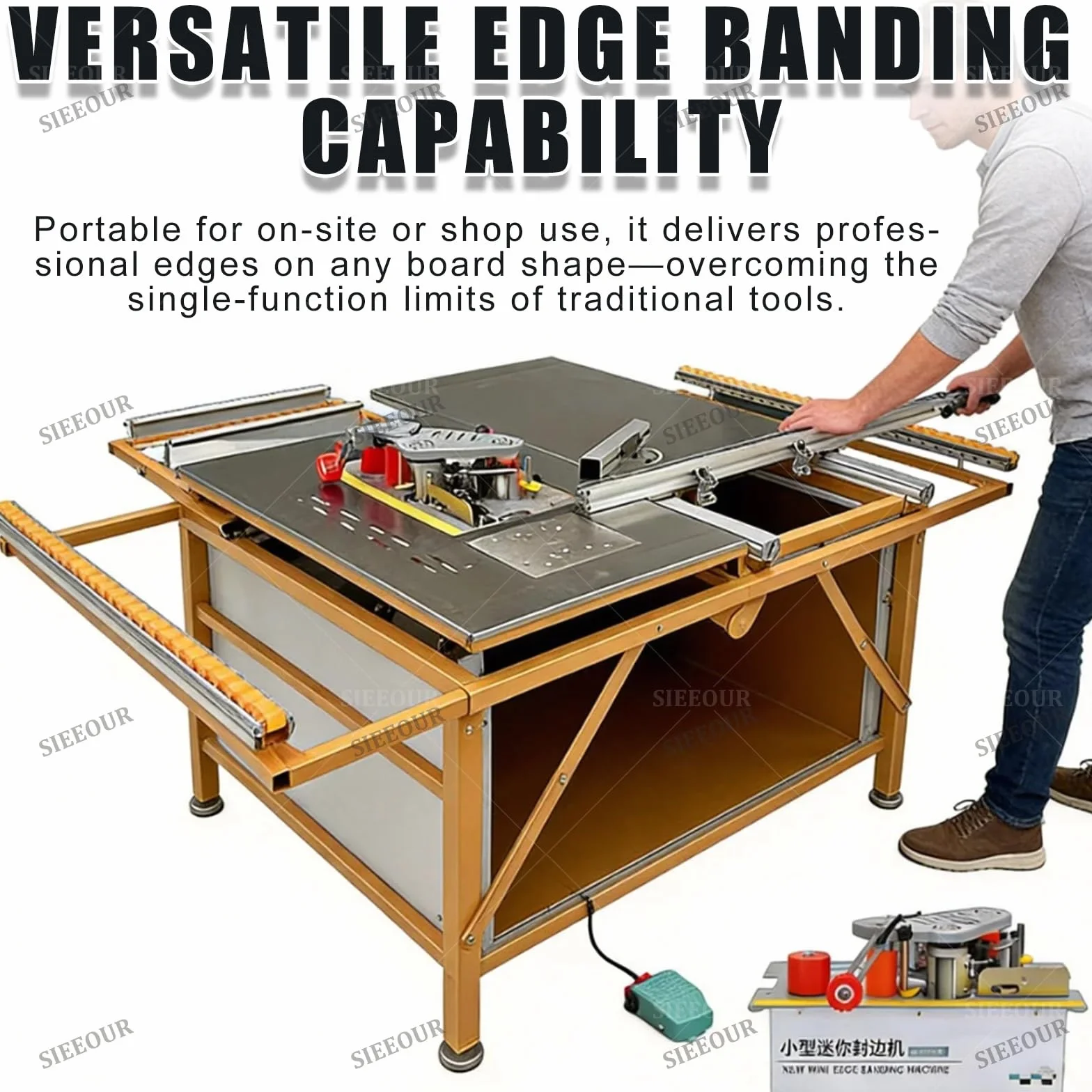 Canteadora Portátil para Madera y PVC, Corte de Cinta Automático, Encolado Doble Cara, 10-40mm