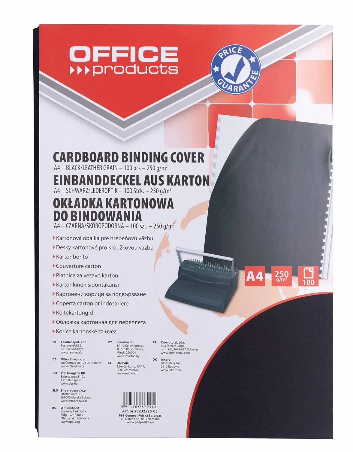 Office Products 20232525 – 05 carátulas para encuadernar de cartón, A4, 250 g/m², estructura de piel, 100 unidades), color negro