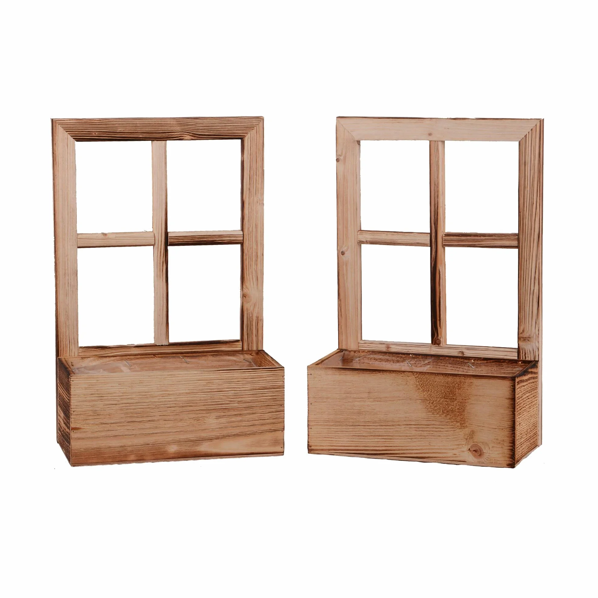 UNUS Ventana de madera con banco de plantas, decoración de madera envejecida flameada, 2 unidades