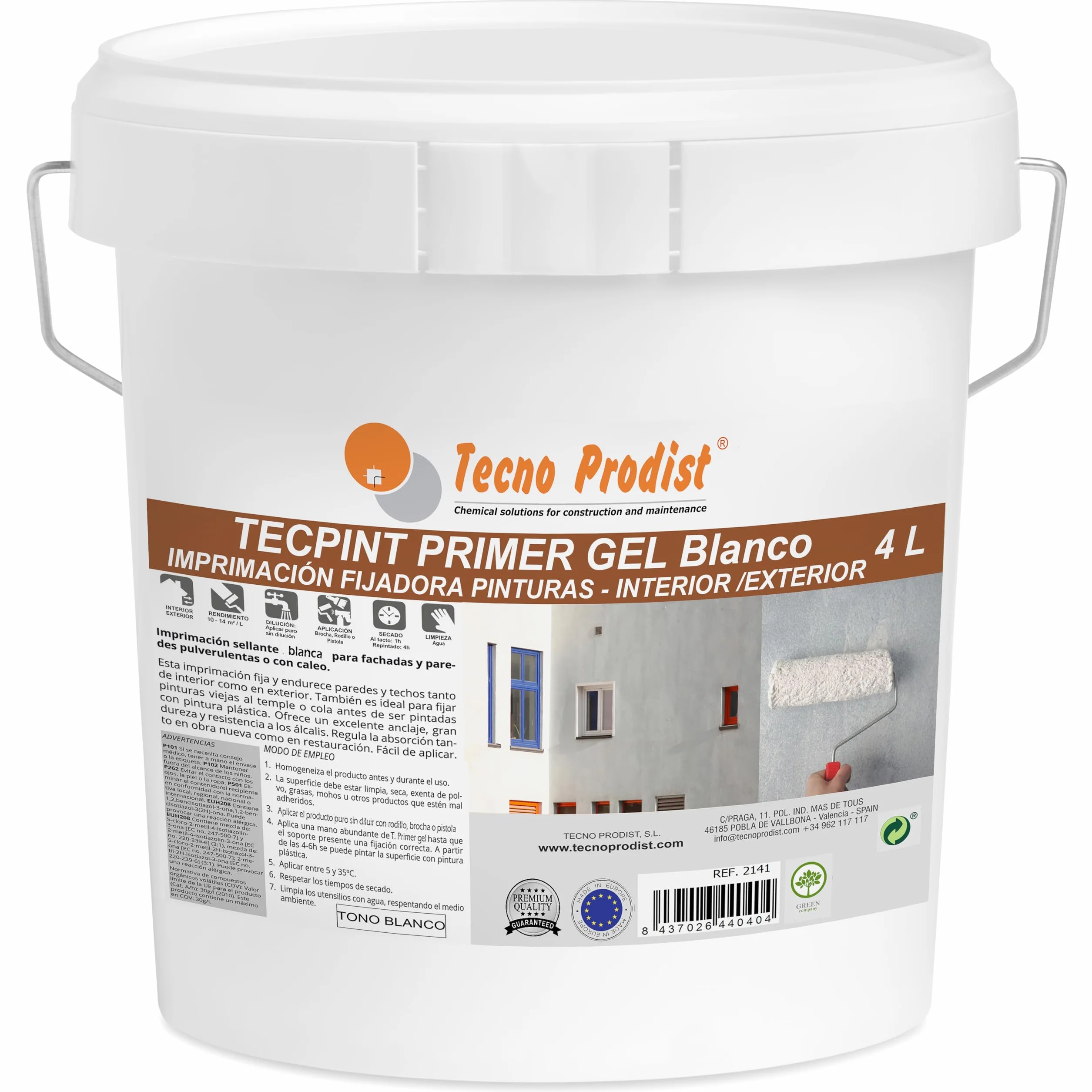 Tecno Prodist - TECPINT PRIMER GEL (4 Litros) Fijador al Agua al uso en gel, no salpica, sellante para Pintura en Exterior e Interior - Gran rendimiento y calidad (TONO BLANCO)