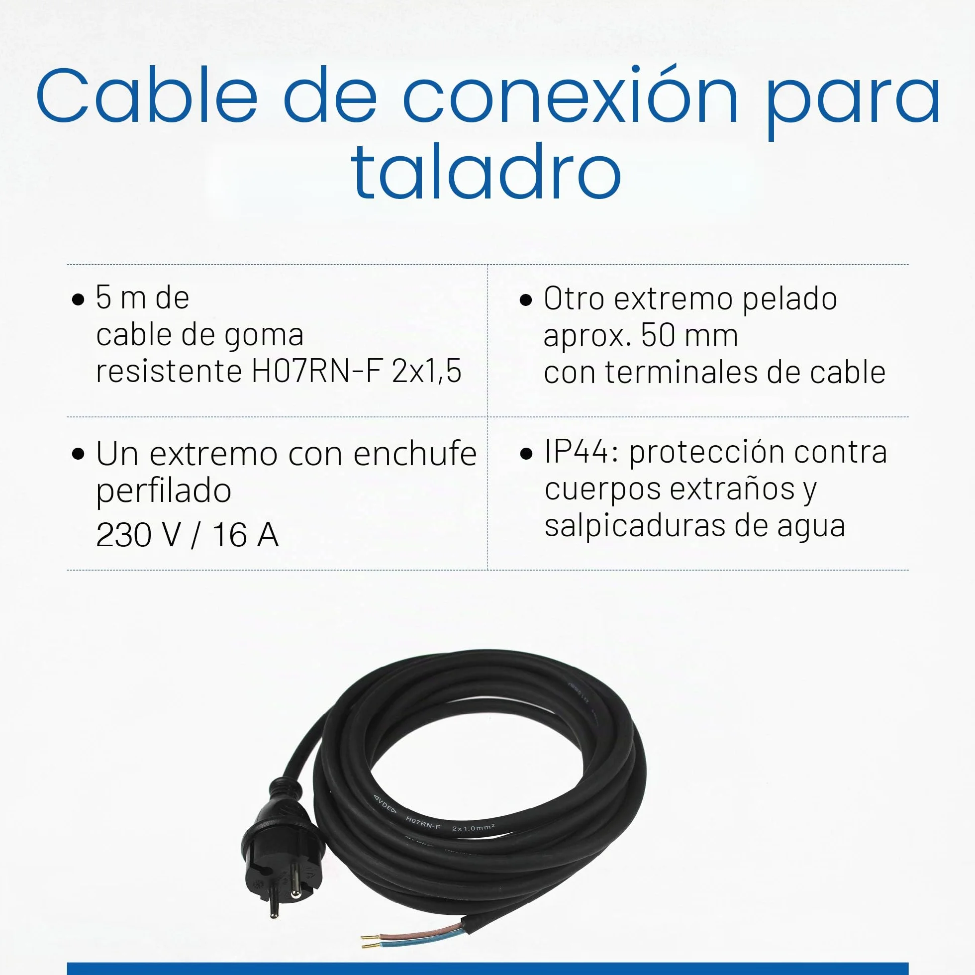 as - Schwabe cable de conexión goma 5 m H07RN-F 2x1,5 - enchufe europeo tipo CEE 7/17 sin tierra - 230 V / 16 A - extremo de cable pelado de 50 mm - IP44 resistente polvo y salpicaduras - negro, 70558