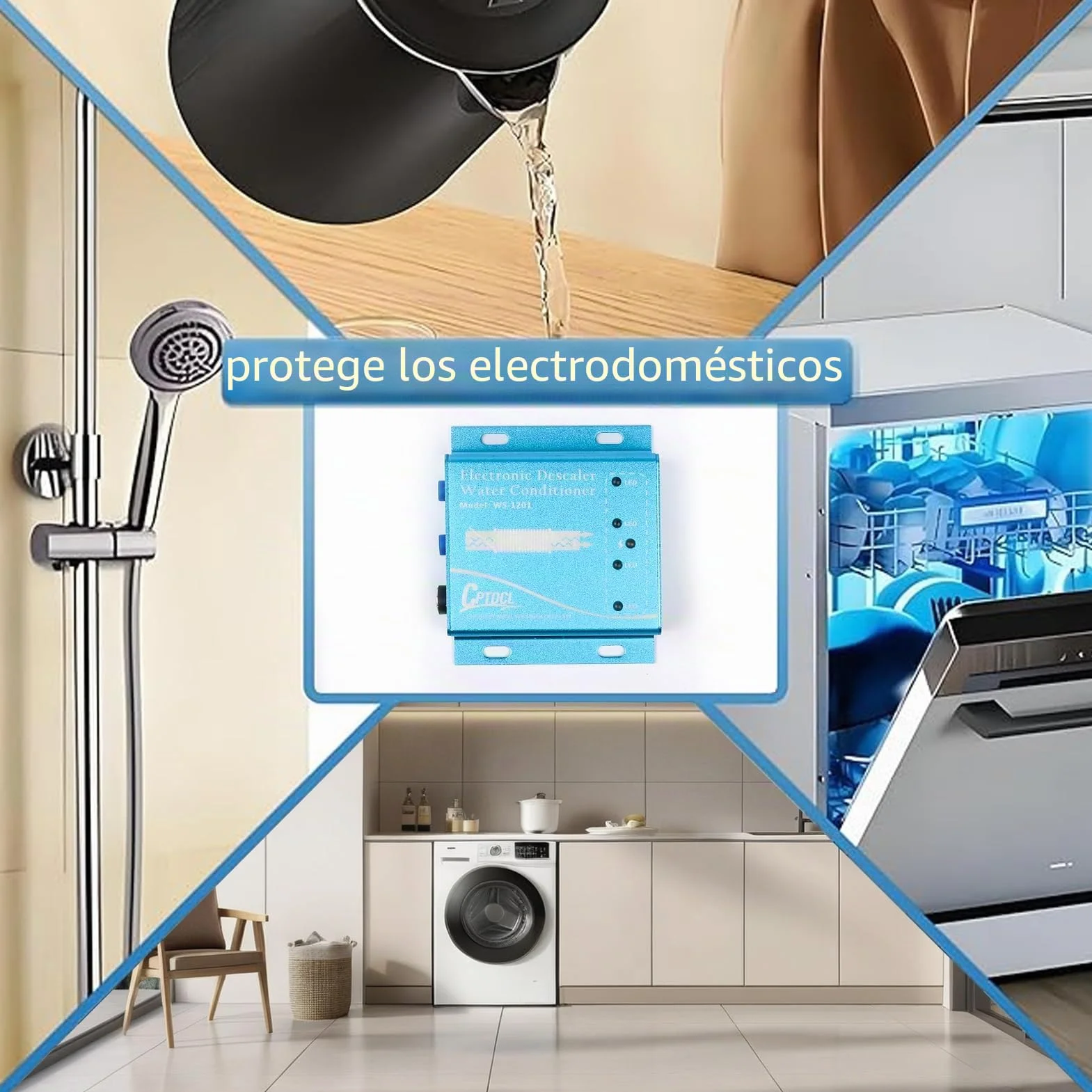 Sistema Descalcificador Electrónico de Agua sin Sal, Acondicionador para Agua Dura, Reduce Incrustaciones, para Todo Tipo de Mangueras Hidráulicas,9V,Dureza del agua: 10-12.5GPG (azul)