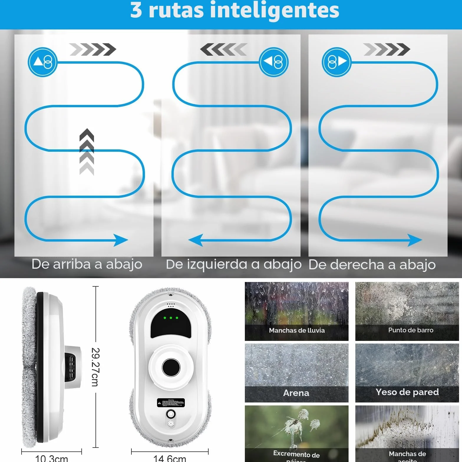 Robot Limpiacristales, Limpiacristales Electrico Ventanas con Succión 5600 Pa, 3 Modos de Limpieza, Sistema de Seguridad, Planificación Inteligente de Rutas y Detección de Bordes, Control Remoto