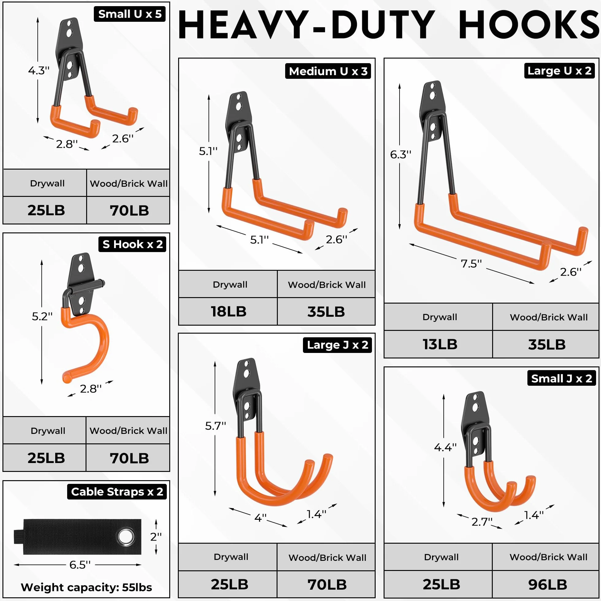 BONTEC Ganchos De Garaje Pesados, Set 18 Ganchos Antideslizantes, Acero Reforzado, Carga 502 KG, U y S Soporte Bicicleta, Organizador Herramientas, Colgador Pared Multiusos, Naranja