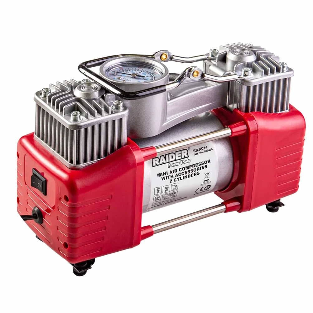 Compresor de Aire Portátil 12V 300W – 70L/min Doble Pistón con Manómetro, Conexión Mechero y Pinzas de Batería, Incluye Estuche con Accesorios – Para Coche, Moto y Furgoneta