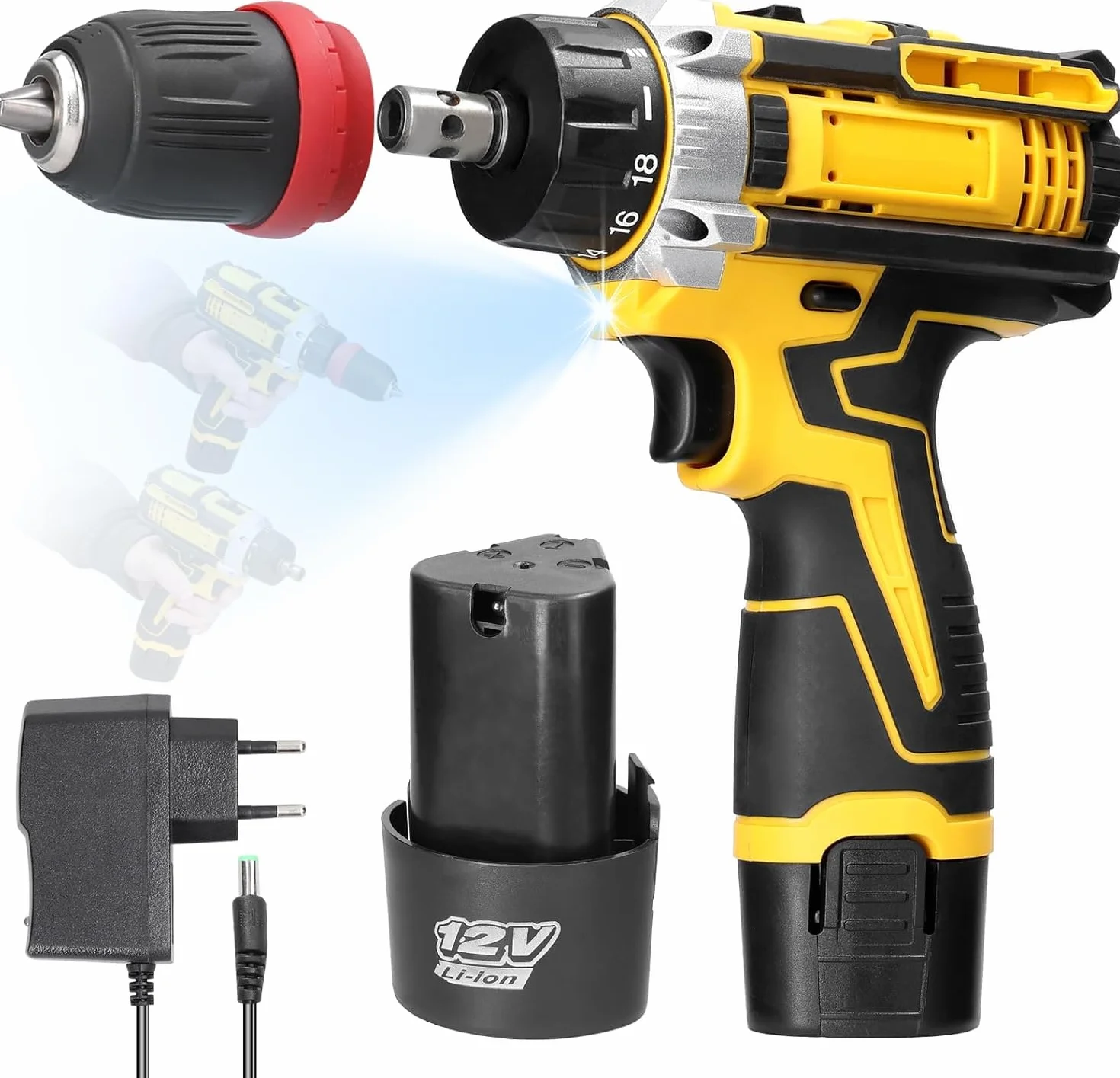 Destornillador Eléctrico, Weytoll 12V Taladro Atornillador de Litio 2 en 1, con Batería de 2 * 1300 mAh para Instalación de Electrodomésticos y Carpintería de Bricolaje, luz de Trabajo LED