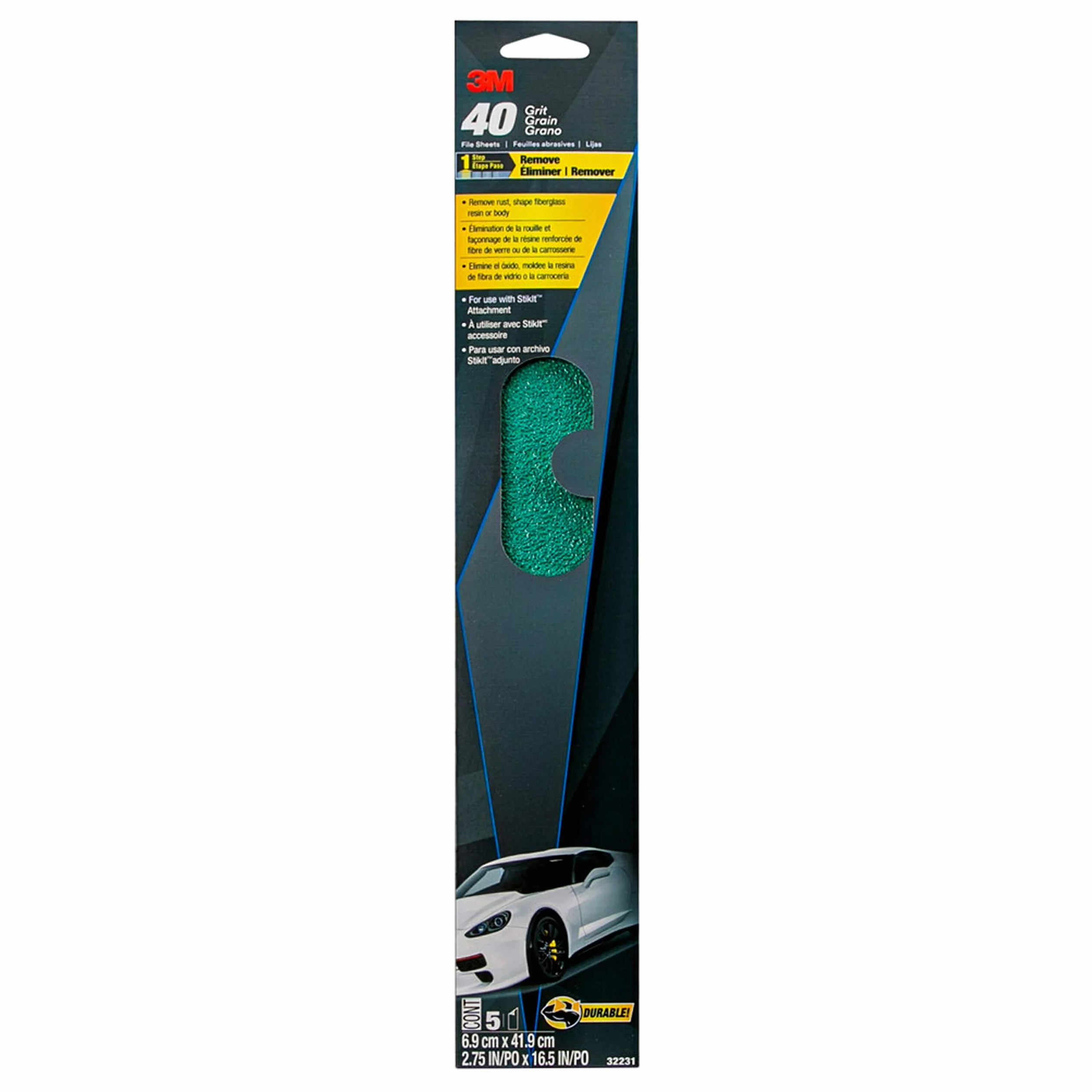 3M Green Corps Hojas de archivo, 32231, grano 40, 2-3/4" x 16 1/2", 5 hojas por paquete