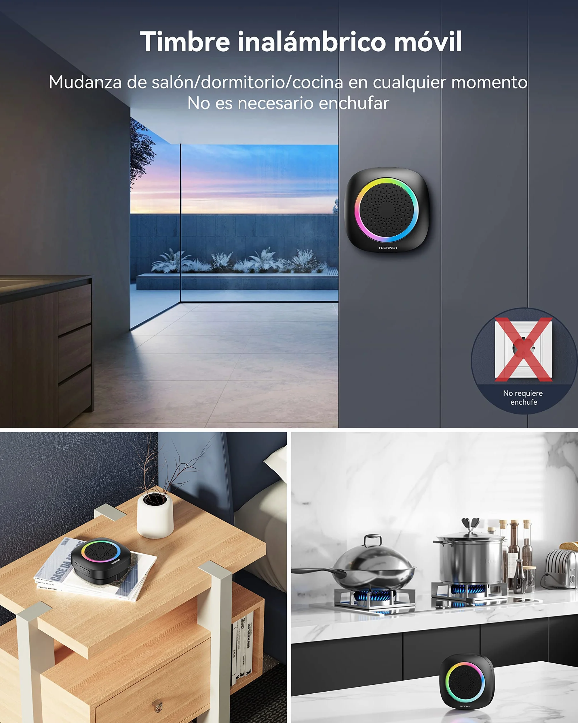 TECKNET Timbre Inalámbrico Funciona con Pilas, 400M Alcance RGB Timbre Inalámbrico Exterior Impermeable IP66, 5 Niveles de Volumen (0-110dB) y 60 Melodías para Hogar/Hotel/Oficina/Emergencia, etc