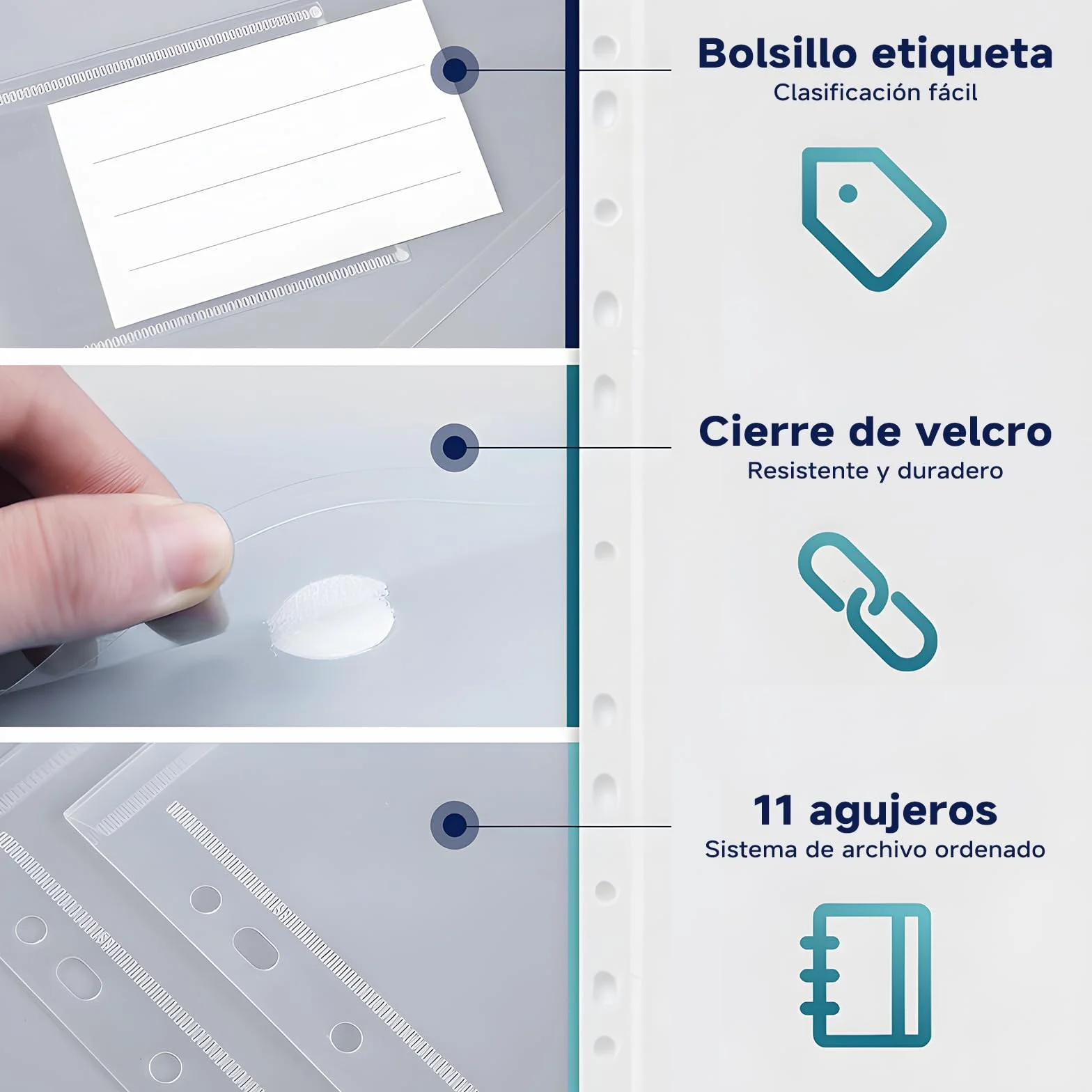 Carpeta Fundas Plastico A4 30 PCS Carpetas Transparentes con Cierre de Gancho y Bucle Portafolios 11 Agujeros