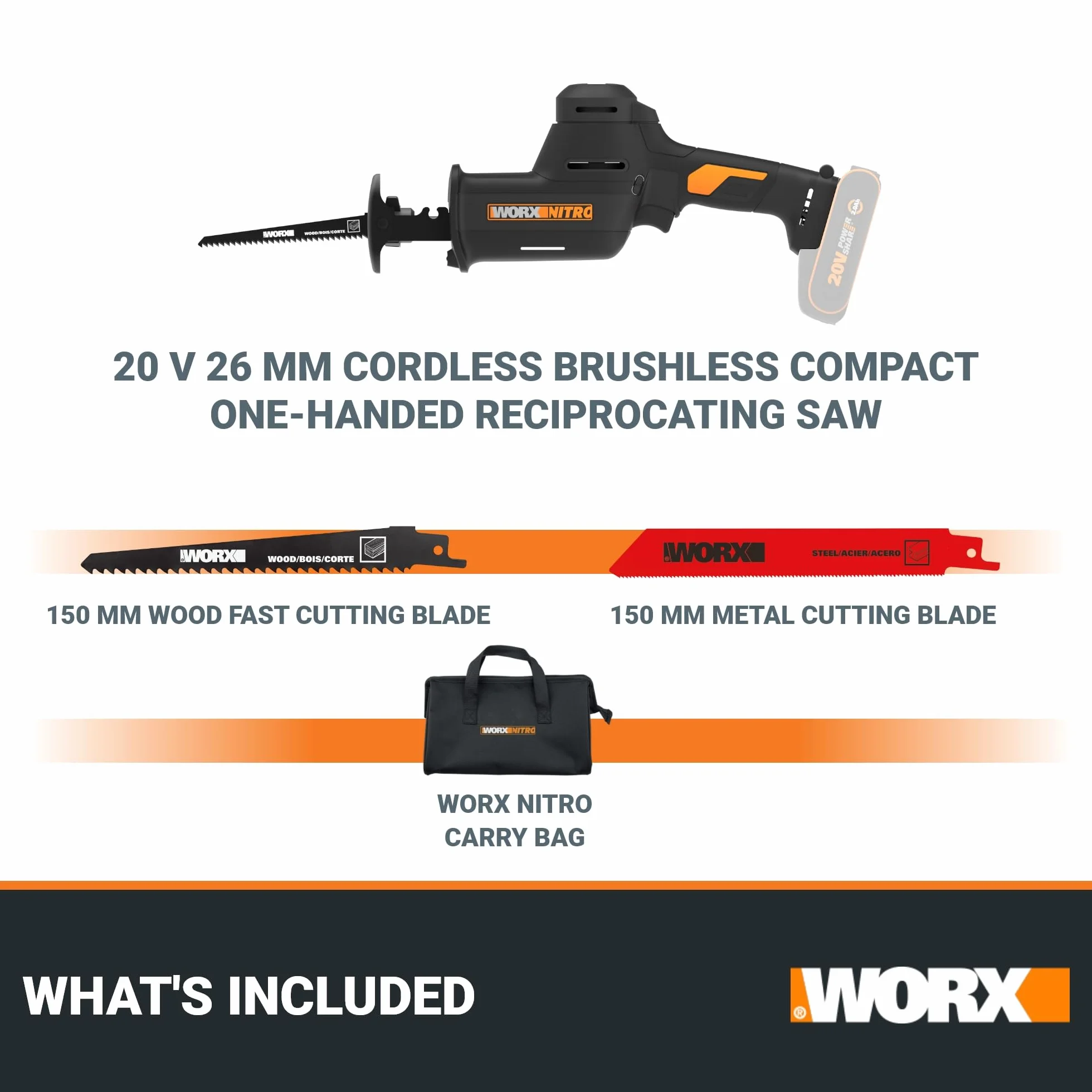 WORX | Sierra sable compacta WX501.9, 20V, Power Share, insercción universal, sin batería ni cargador