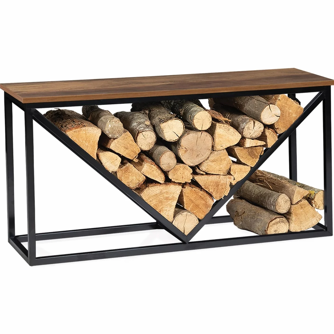 IDMarket - Organizador de troncos horizontal Hawkins de acero negro con bandeja de madera oscura para chimenea