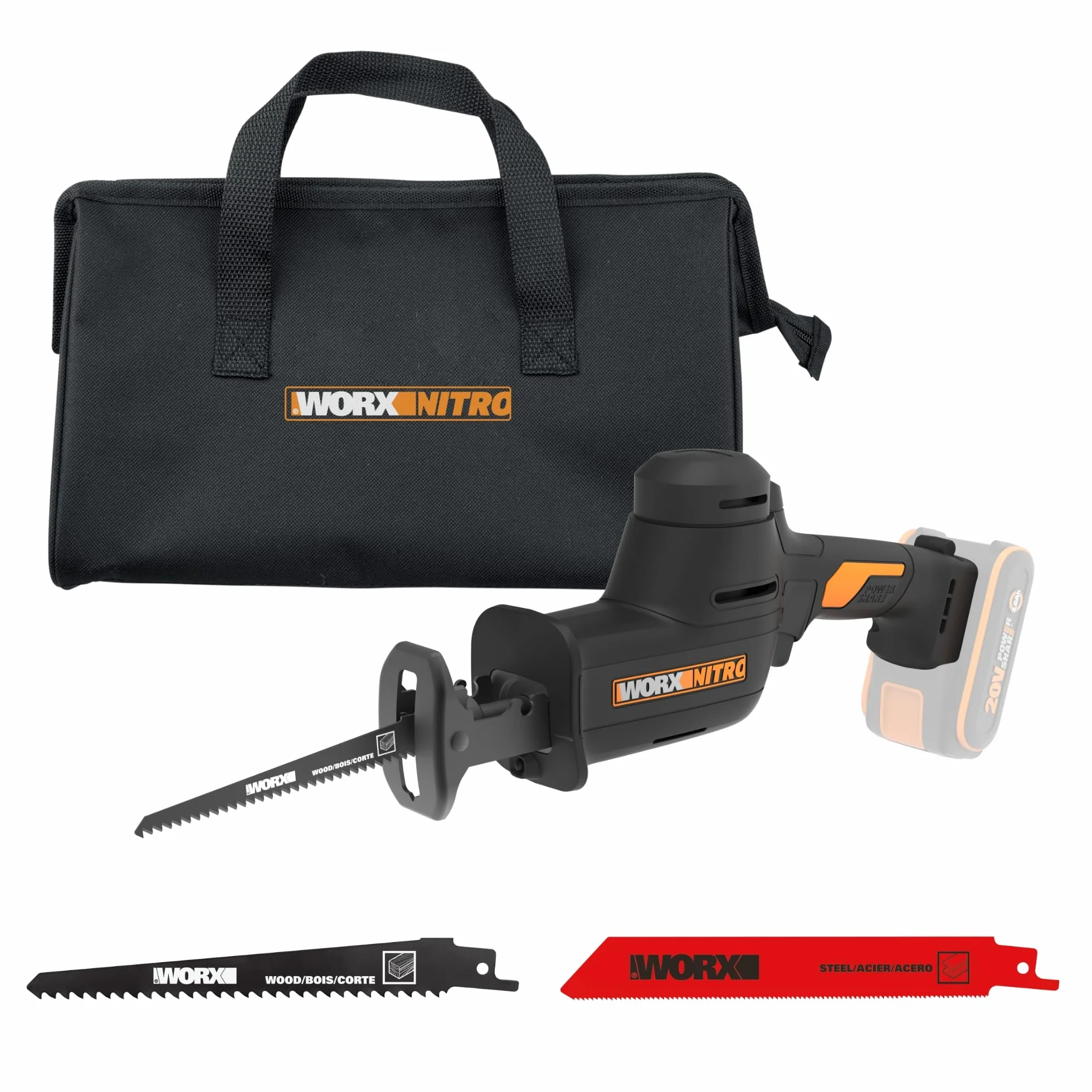 WORX | Sierra sable compacta WX501.9, 20V, Power Share, insercción universal, sin batería ni cargador