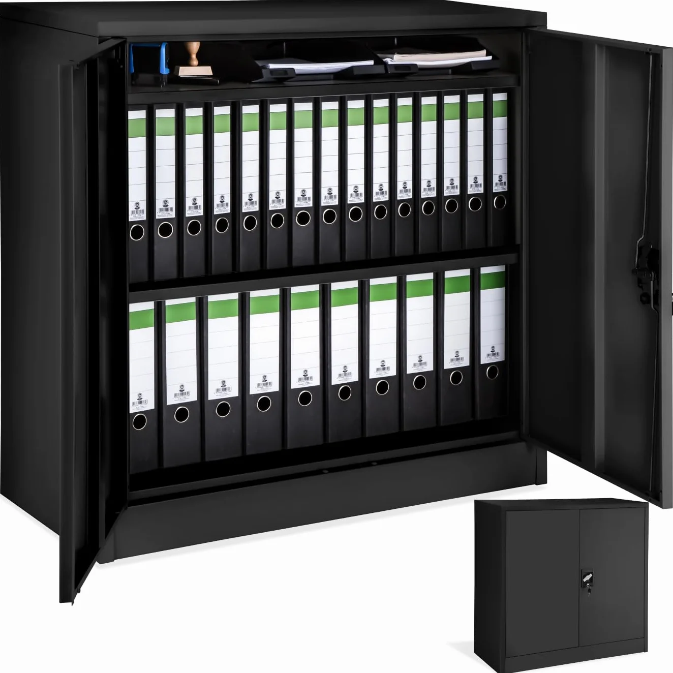 Tectake Armario Metálico con 3 Cajones Bloqueable, Estantes Ajustables, 90x90x40cm Negro