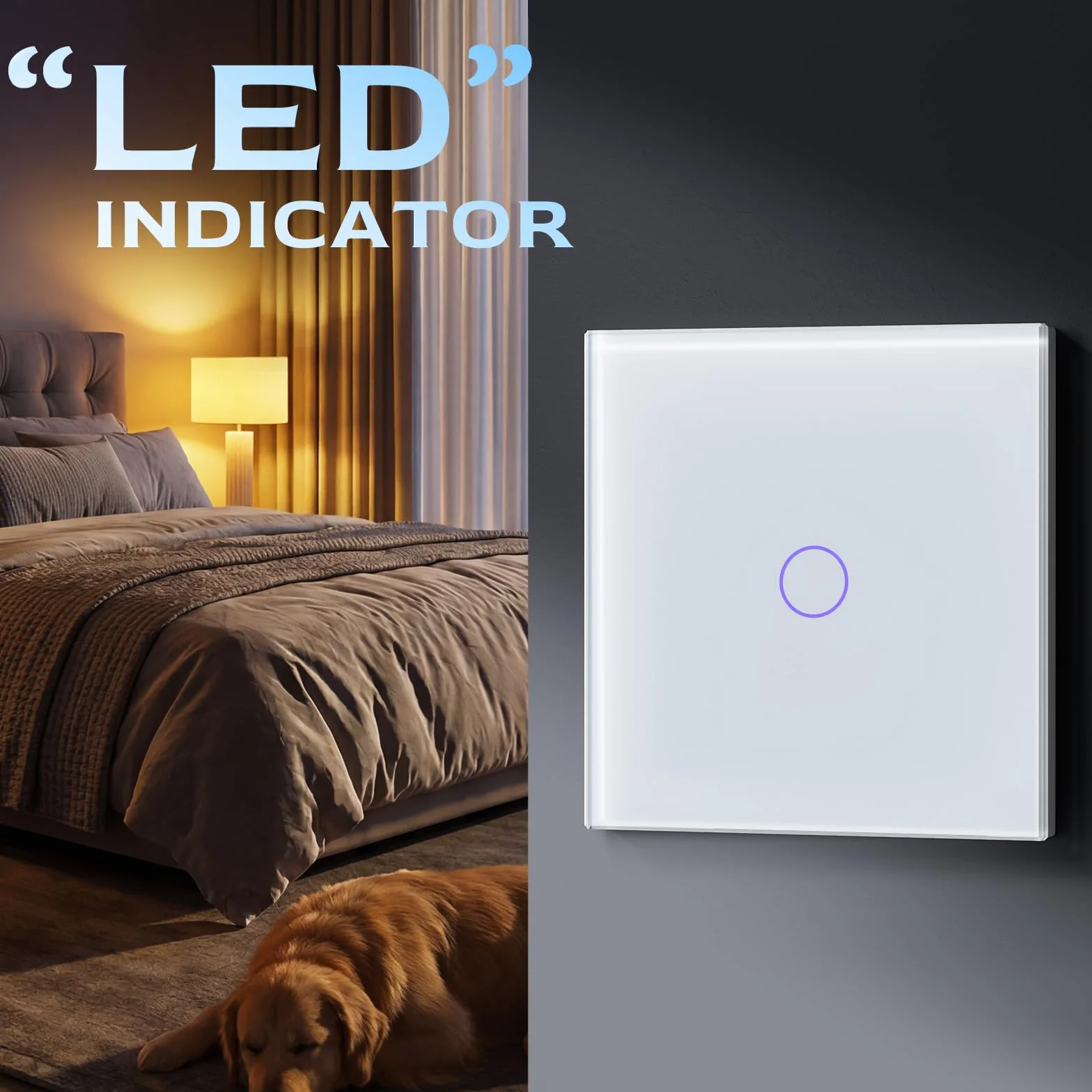 BSEED Interruptor de Luz 1 Gang 1 Vía,NO Interruptor WiFi,Interruptores tactil pared Blanco con indicador LED,Interruptores de luz con panel de vidrio templado,sin cable neutro
