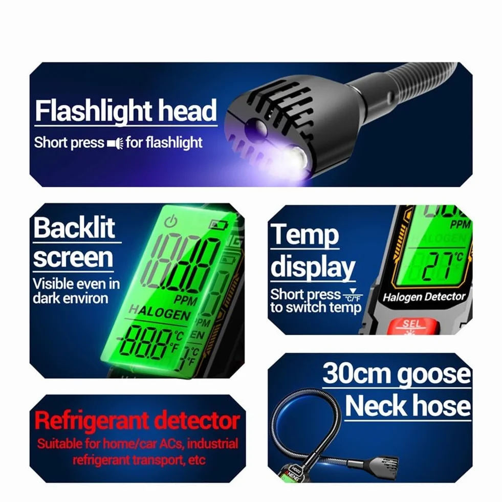 Detector de fugas halógeno Analizador de gas para R22 R32 R134a Aire acondicionado y refrigerador Herramienta de prueba recargable Unidad negra()