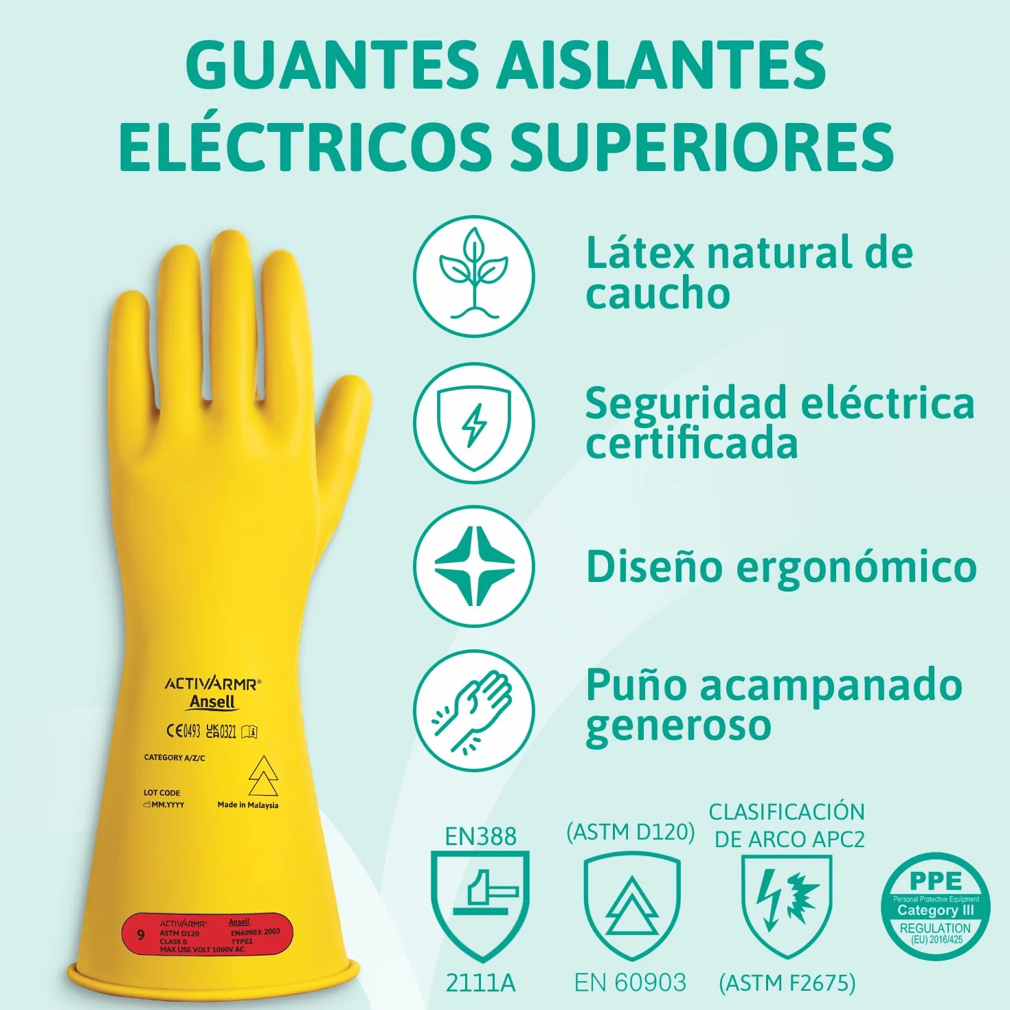 Ansell ActivArmr Guantes Aislantes Dieléctricos, Protección Eléctrica Class 0, Tensión 1000V, Trabajos con Electricidad, Látex de Caucho Natural, 36 cm, Amarillo, Talla M, 1 Par