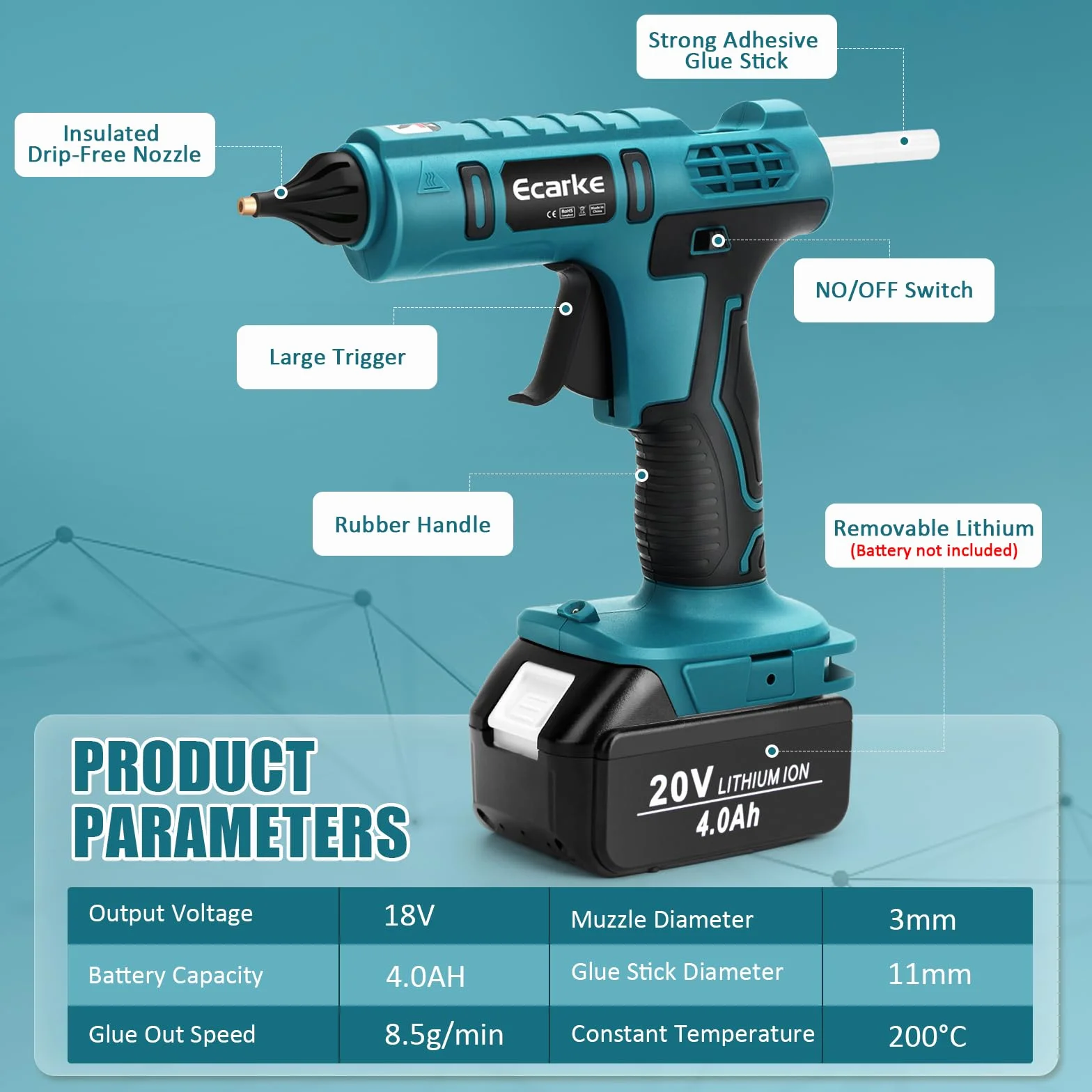 Ecarke Pistola de Pegamento Inalámbrica Compatible con Batería de Litio Makita 18V - Ideal para Reparaciones, Manualidades y Bricolaje - Incluye 20 Barras de Pegamento(Solo Herramienta)