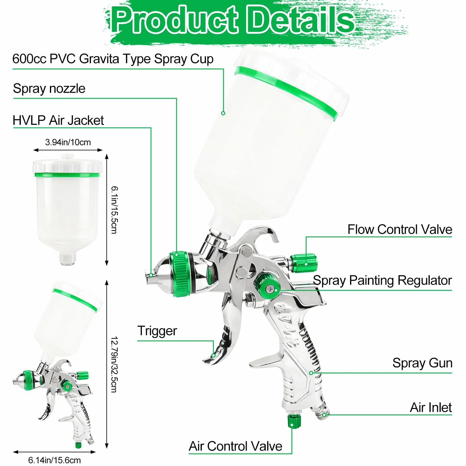 HVLP Pistola pulverizadora de Aire comprimido Profesional con boquillas de 1,4 mm, 1,7 mm, 2,0 mm y 2,5 mm, Sistema de pulverización de Pintura, Pistola con Vaso de plástico de 600 ml