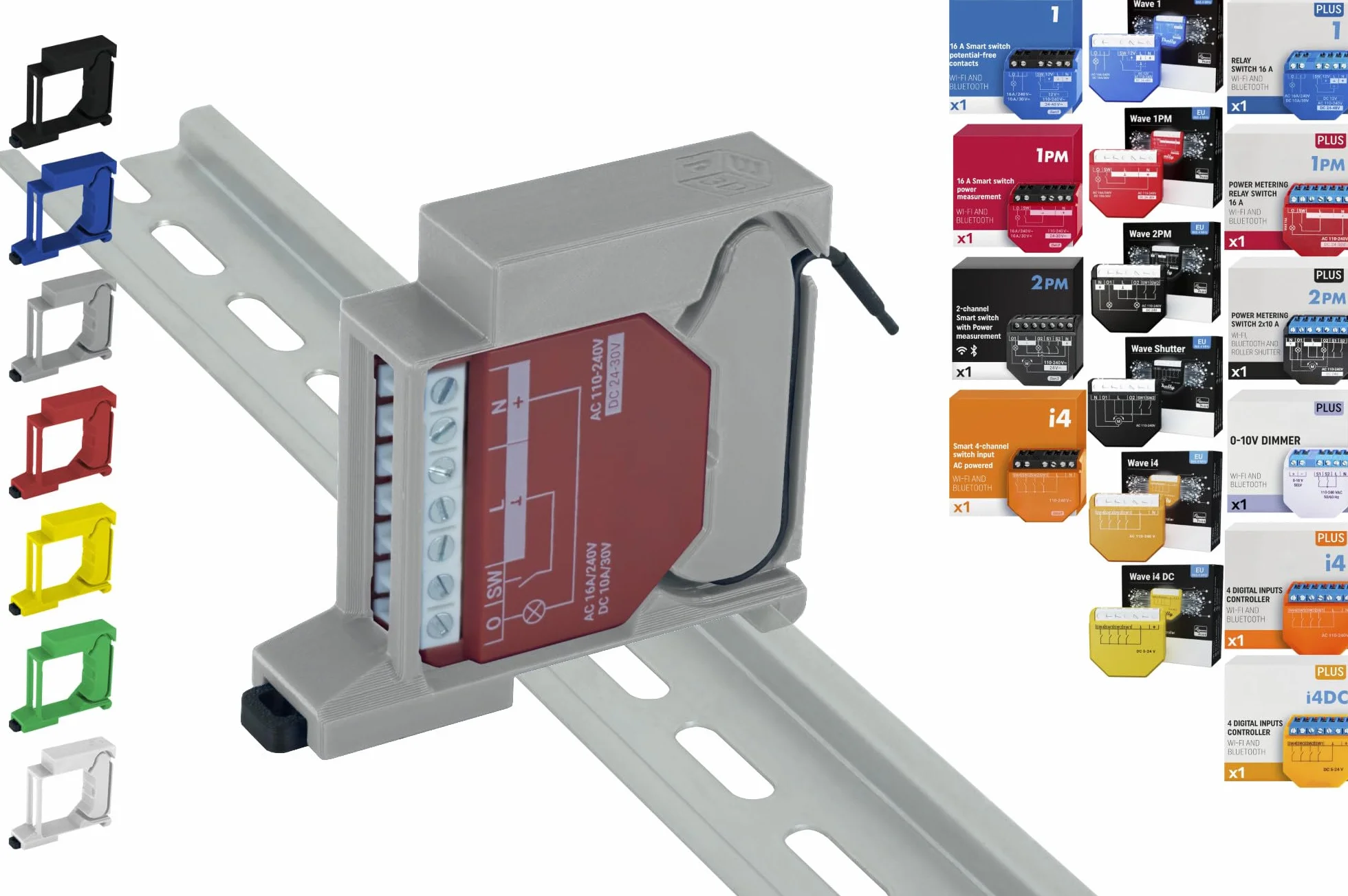 Soporte de carril "Single" para 18 Shellys: 1 Gen3, 1PM Gen3, 2PM Gen3, i4 Gen3, Plus 1, Plus 1PM, Plus 2PM, Plus i4, Plus 0-10V Dimmer, Wave 1, Wave 1PM, Wave 2PM, Wave Shutter, Wave i4 (Gris)