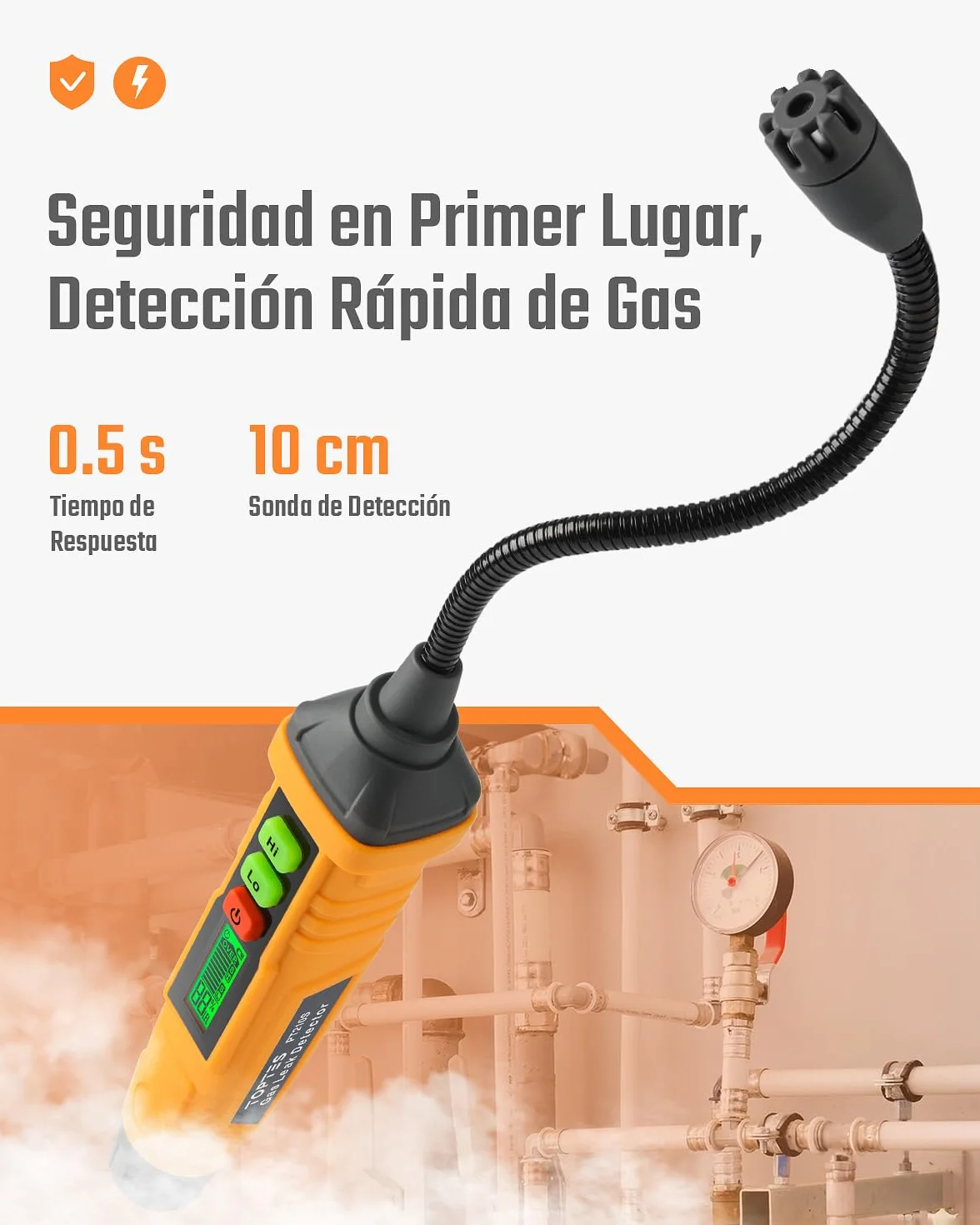 Detector de Gas Natural, TopTes PT210S Detector portátil de Fugas de Gas con sonda de 4 Pulgadas para localizar Gases combustibles como Gas Natural, midiendo%LEL (baterías Incluidas) - Naranja