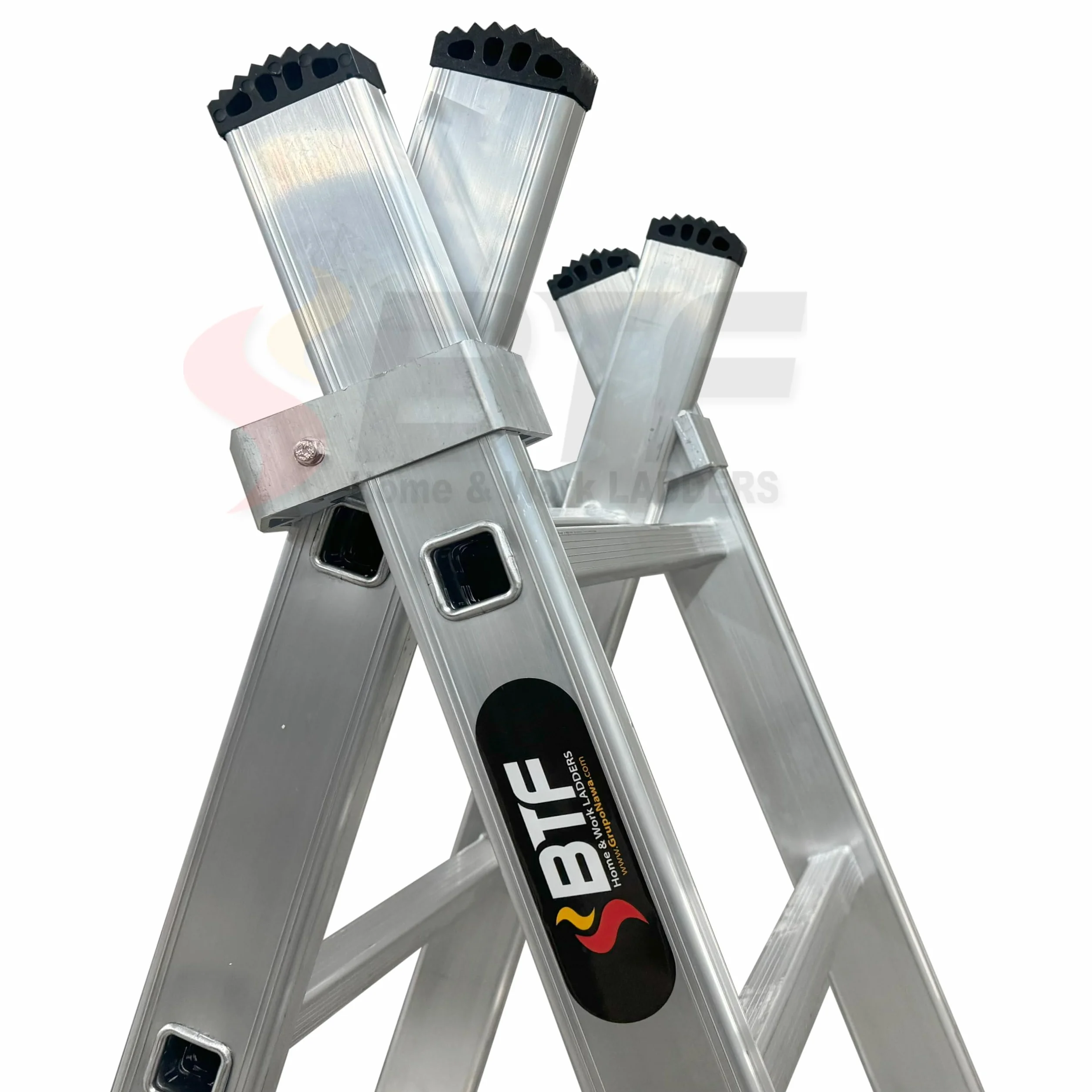 BTF | Escalera Plegable Aluminio Transformable 2 Tramos | Combinada 2 Secciones x 7 Peldaños, Escalera de Tijera y Extensible de Apoyo, Altura Apoyo 3,1m, Tijera 1,9m, Certificada EN131 Uso Doméstico