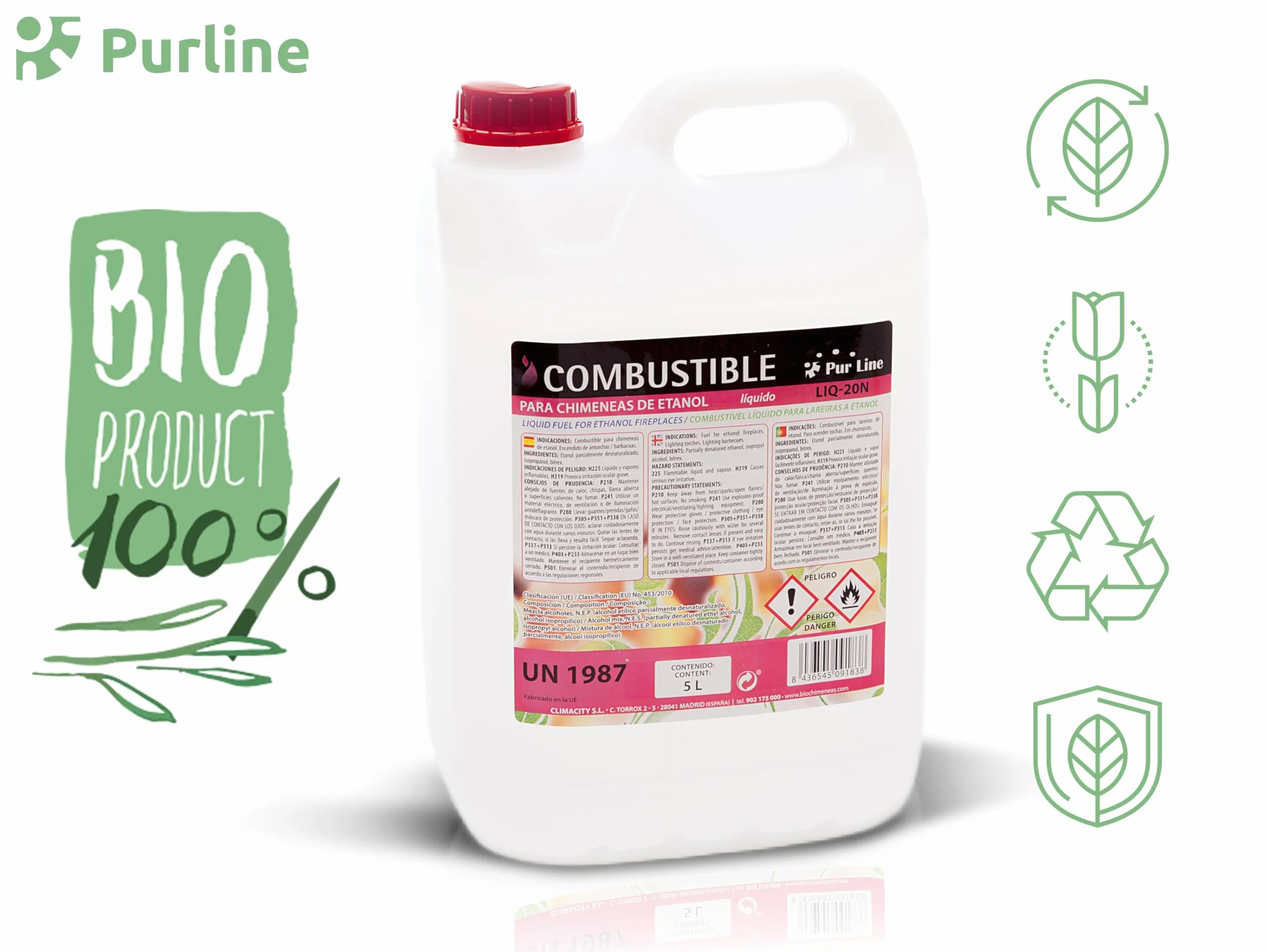 PUR LINE | Bioetanol 5L 96% Combustible para Chimeneas y Estufas, Sin Humo y Alta Combustión - Bioetanol Líquido para Biochimeneas, Quemadores y Uso Interior/Exterior