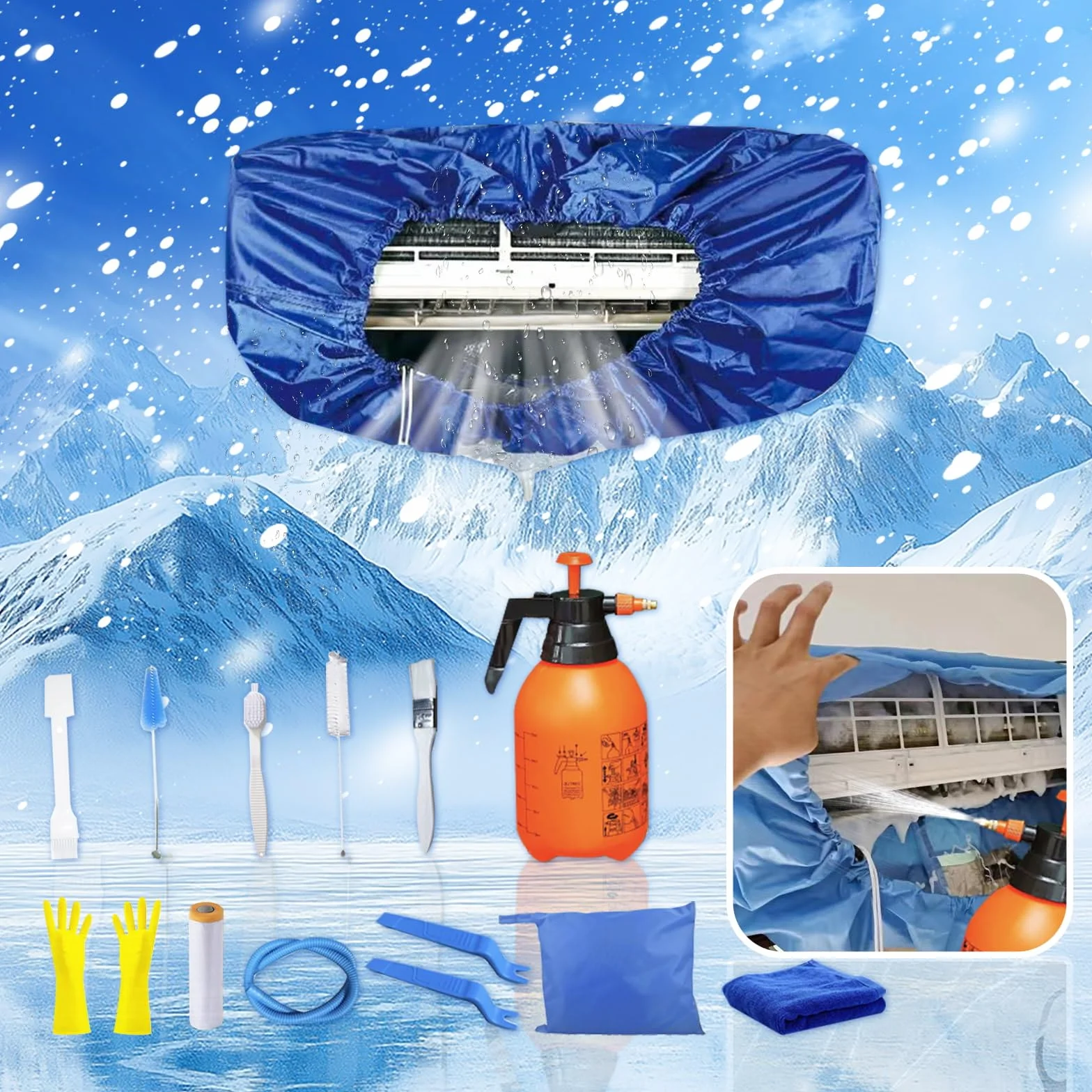 Kit de limpieza para aire acondicionado split ZSPLIT-MAIR, bolsa de limpieza para aire acondicionado split, kit de limpieza para aire acondicionado split（ 15pezzi,Azul oscuro）