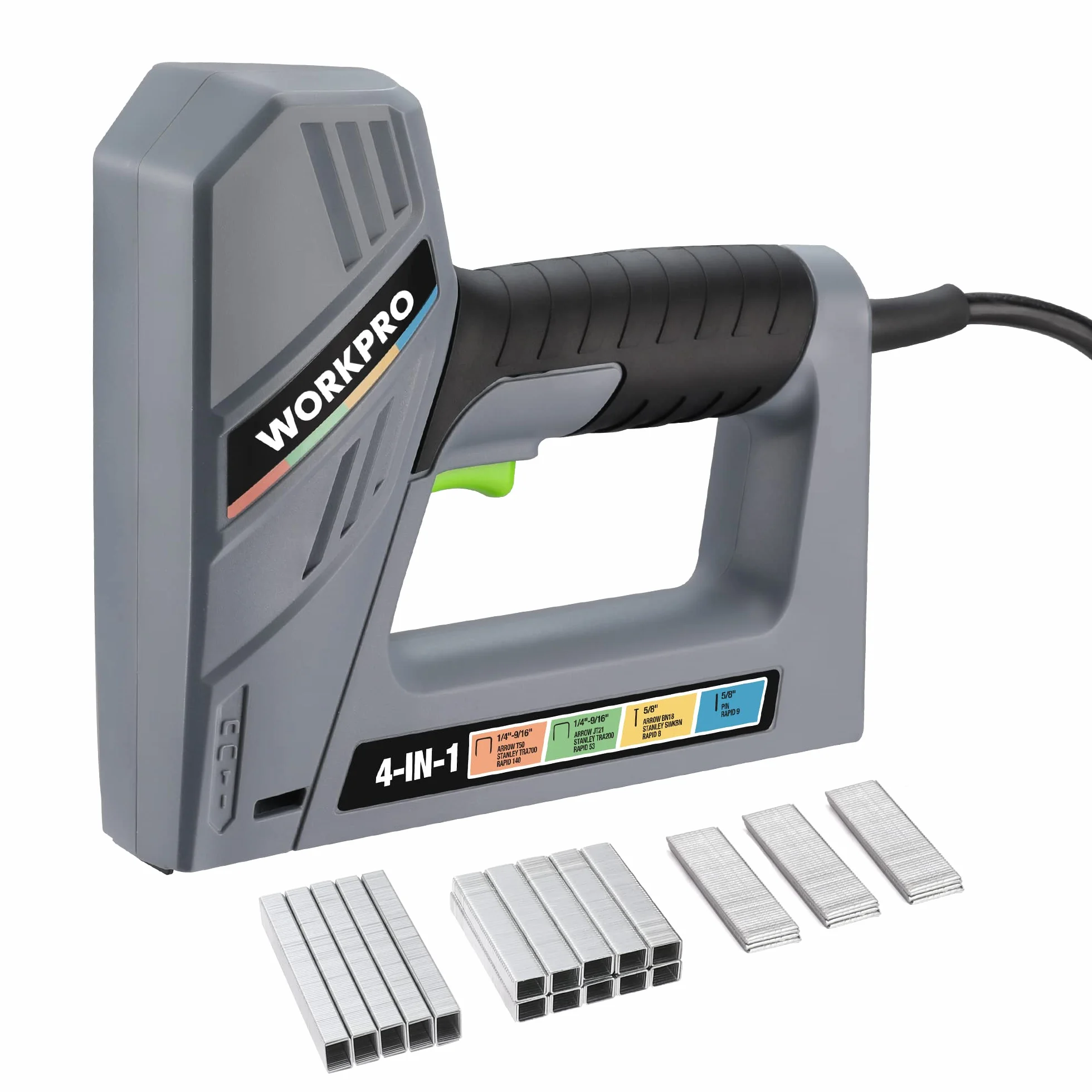 WORKPRO 4 en 1 Grapadora 1200 W, Con 3000 pcs grapas, Grapadora/Clavadora Eléctrica para Grapas de Tipo T53, T50, BN18, Grapas de 6-15mm, Renovaciones, Tapicería, Decoración, Muebles