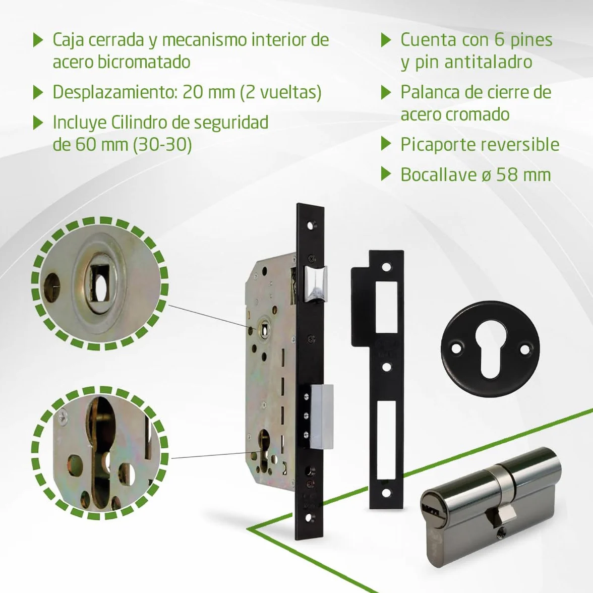 Amig - Cerradura de Embutir con Cilindro de Seguridad y Bocallave + 5 Llaves - Para Puertas de Madera de Entrada - De Acero Acabado en Negro - Picaporte Reversible - Para Manilla de 8 mm