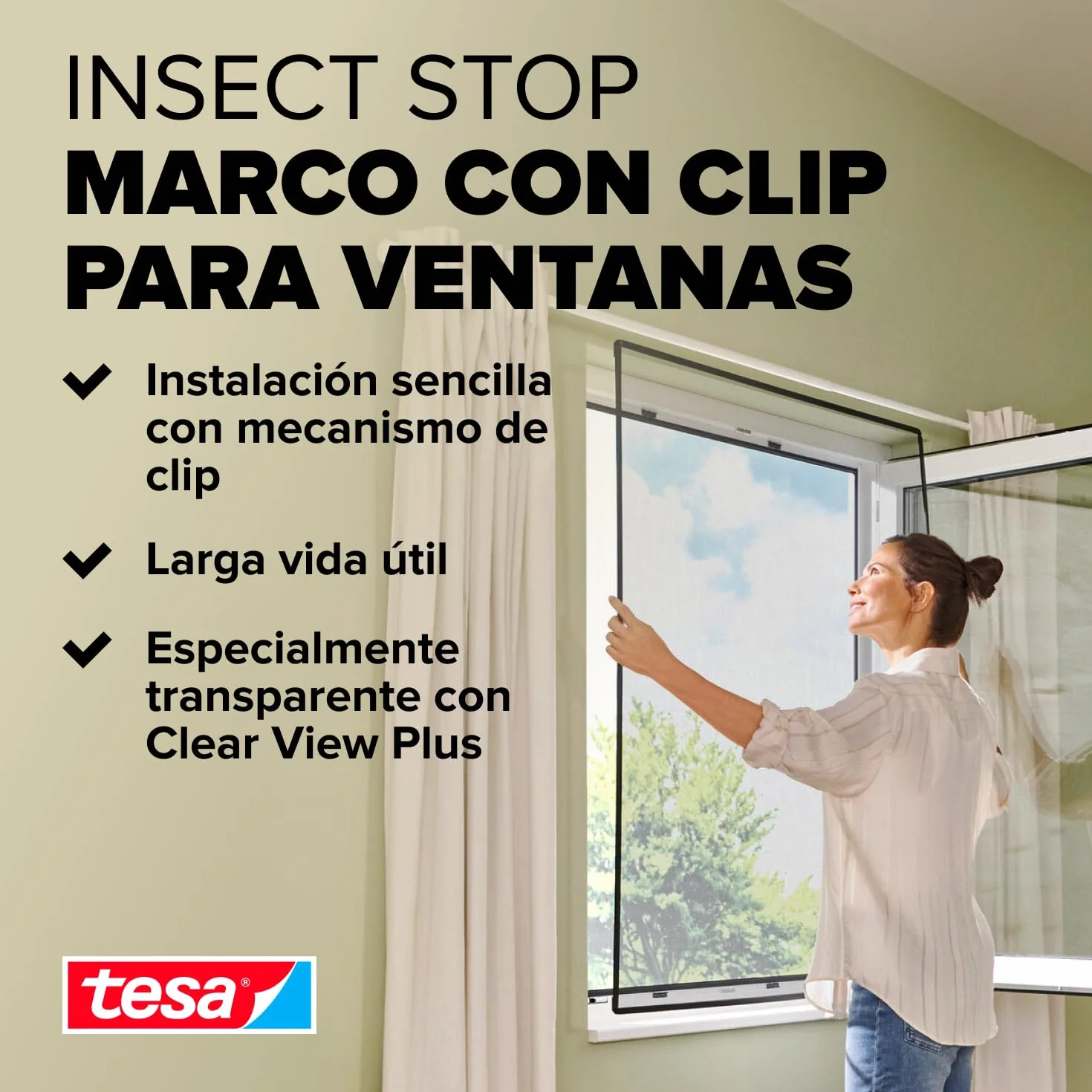 tesa INSECT STOP Clip-on Frame Fly Screen for Window - marco ajustable, malla de fibra de vidrio, clips adhesivos, antracita - 100 x 120 cm