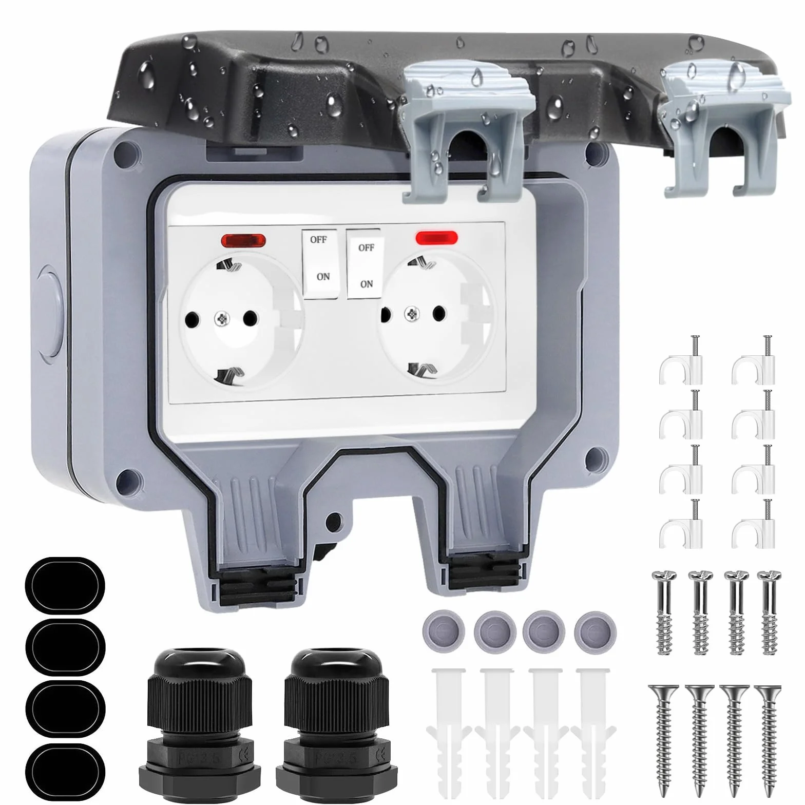 Enchufe Exterior Impermeable, Toma de Corriente IP66, Estanco con Interruptor, Conector de Cable y Tapa Abatible, para Cocina Baño Garaje Piscina y Jardín