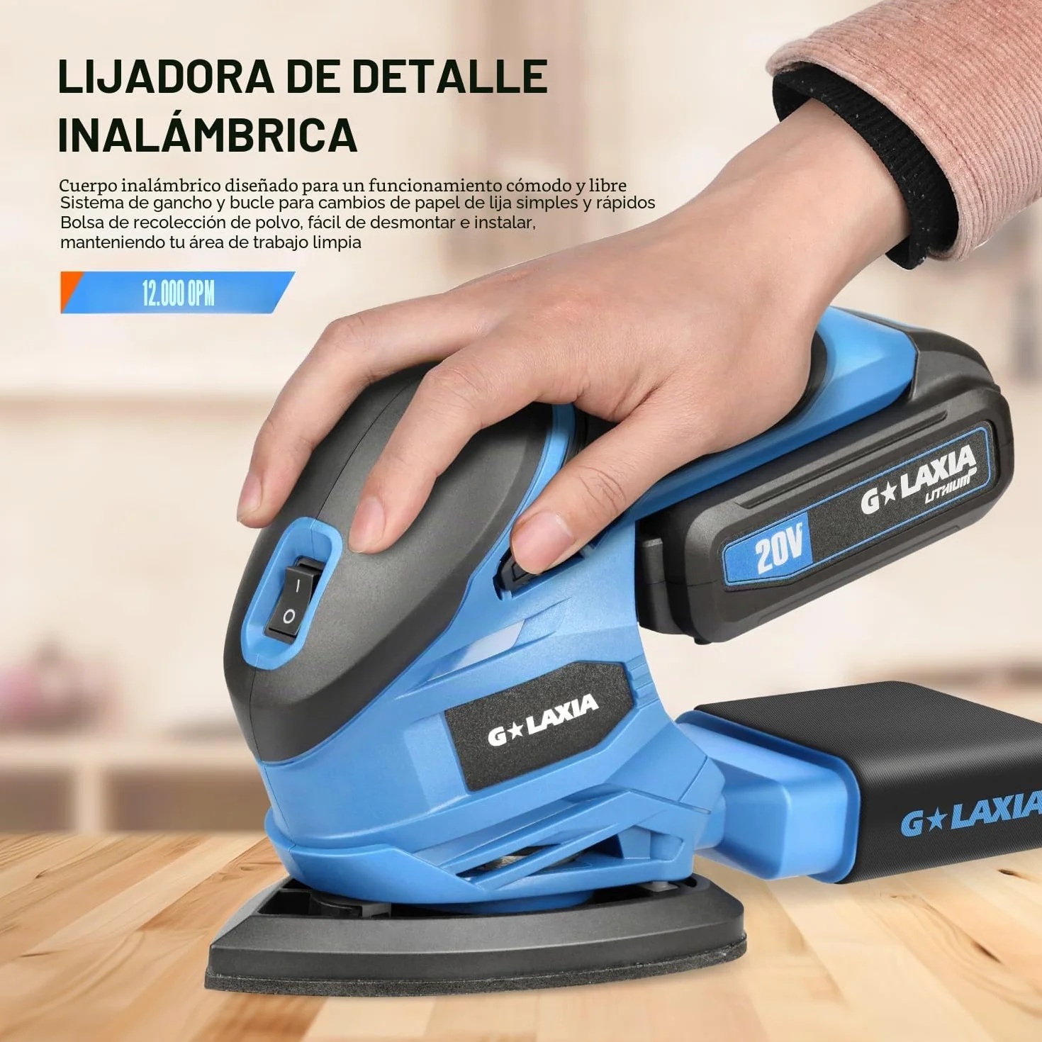 Lijadora Madera,20V 12000 RPM Lijadora Eléctrica con batería Li,20 hojas de papel de lija(140 mm x 94 mm),Herramienta de lijadora Orbital con batería y cargador