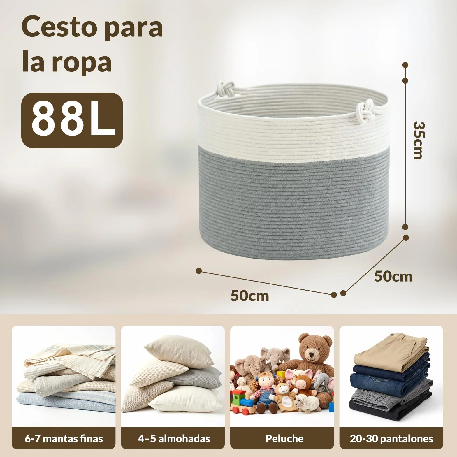 COSYLAND Cesto de Ropa Sucia de Cuerda de Algodón D50 x H35 cm – Cesta para la Ropa Sucia con Asas – Cesto Plegable para Mantas, Juguetes y Lavandería – Blanco Crema y Gris Claro