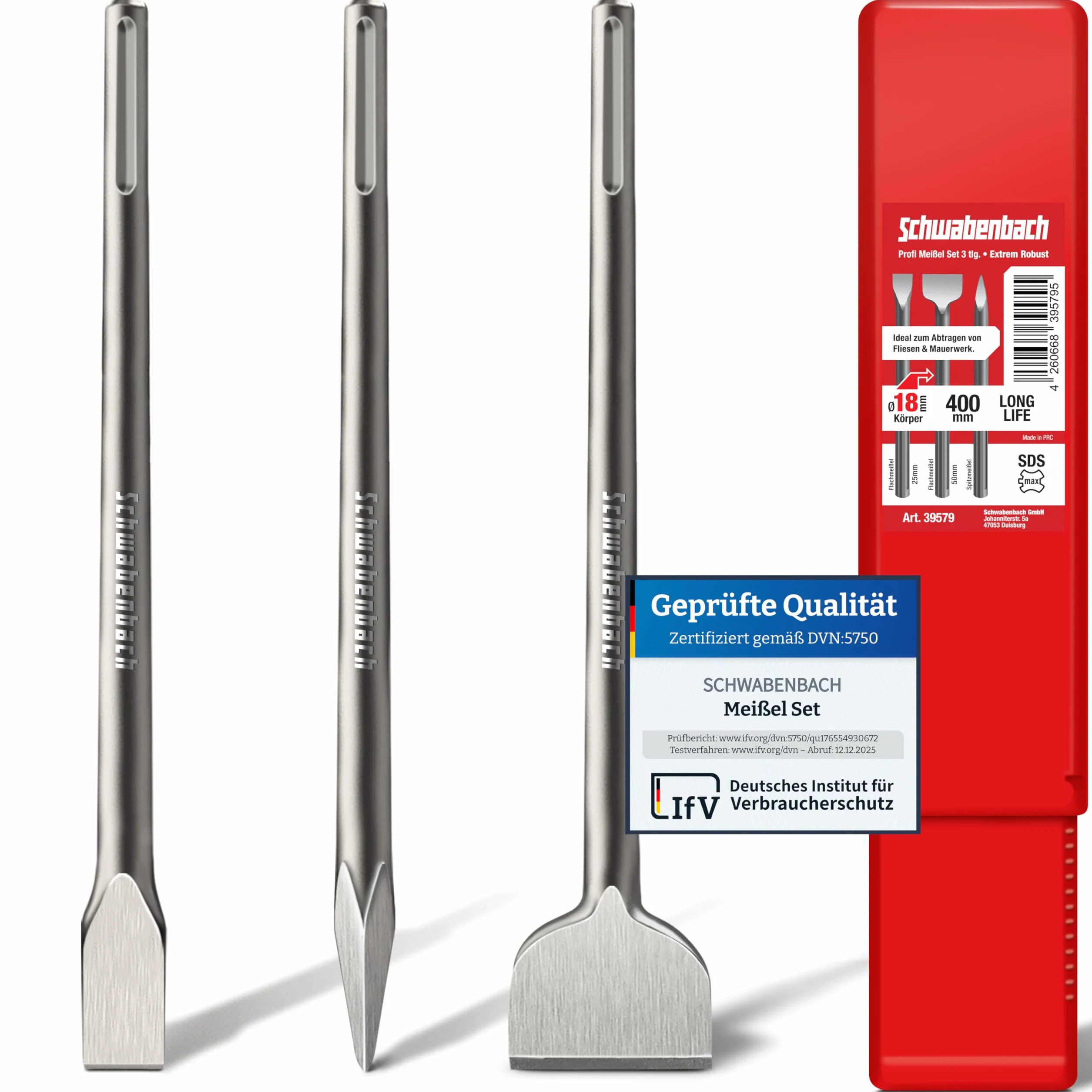 SCHWABENBACH® SDS Max - Juego de cinceles 3 piezas, 25 mm + 50 mm, cincel puntiagudo, extremadamente robusto, compatible con Bosch Hilti Metabo