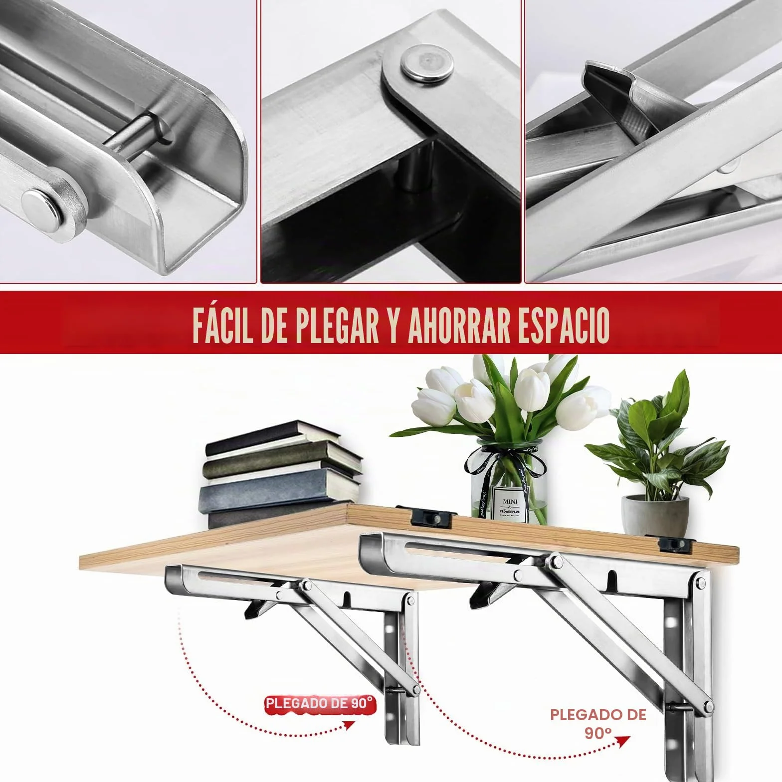 2 Soportes de Pared Plegables de Acero Inoxidable –600mm Soporte Abatible con Bloqueo para Mesa Plegable, Banco de Trabajo, Estante – Ahorro de Espacio & Antióxido – Carga 100kg