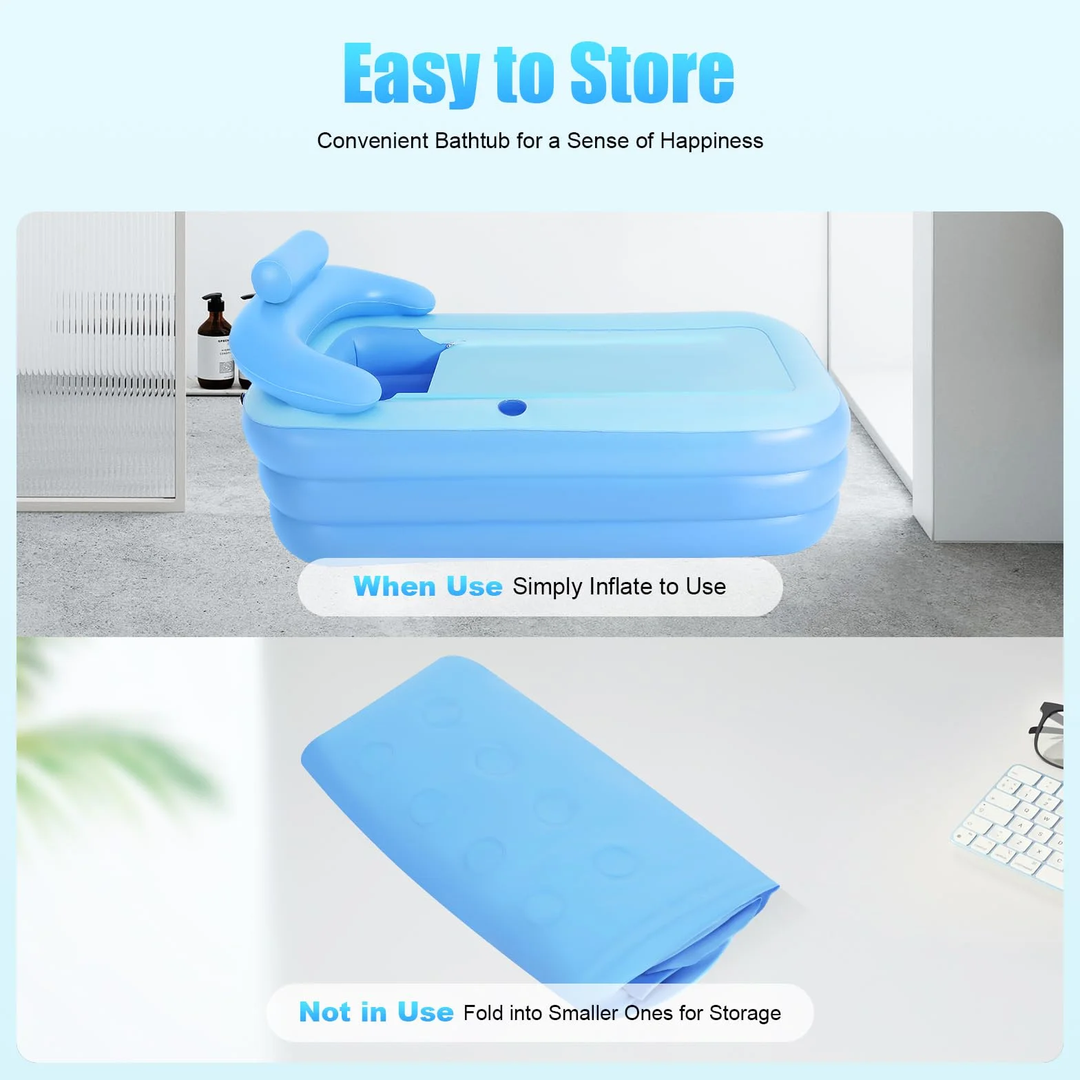 Bañera hinchable con cojín inflable, bañera de aire con soporte para bebidas, bañera plegable con función portátil plegable para adultos, adolescentes, azul