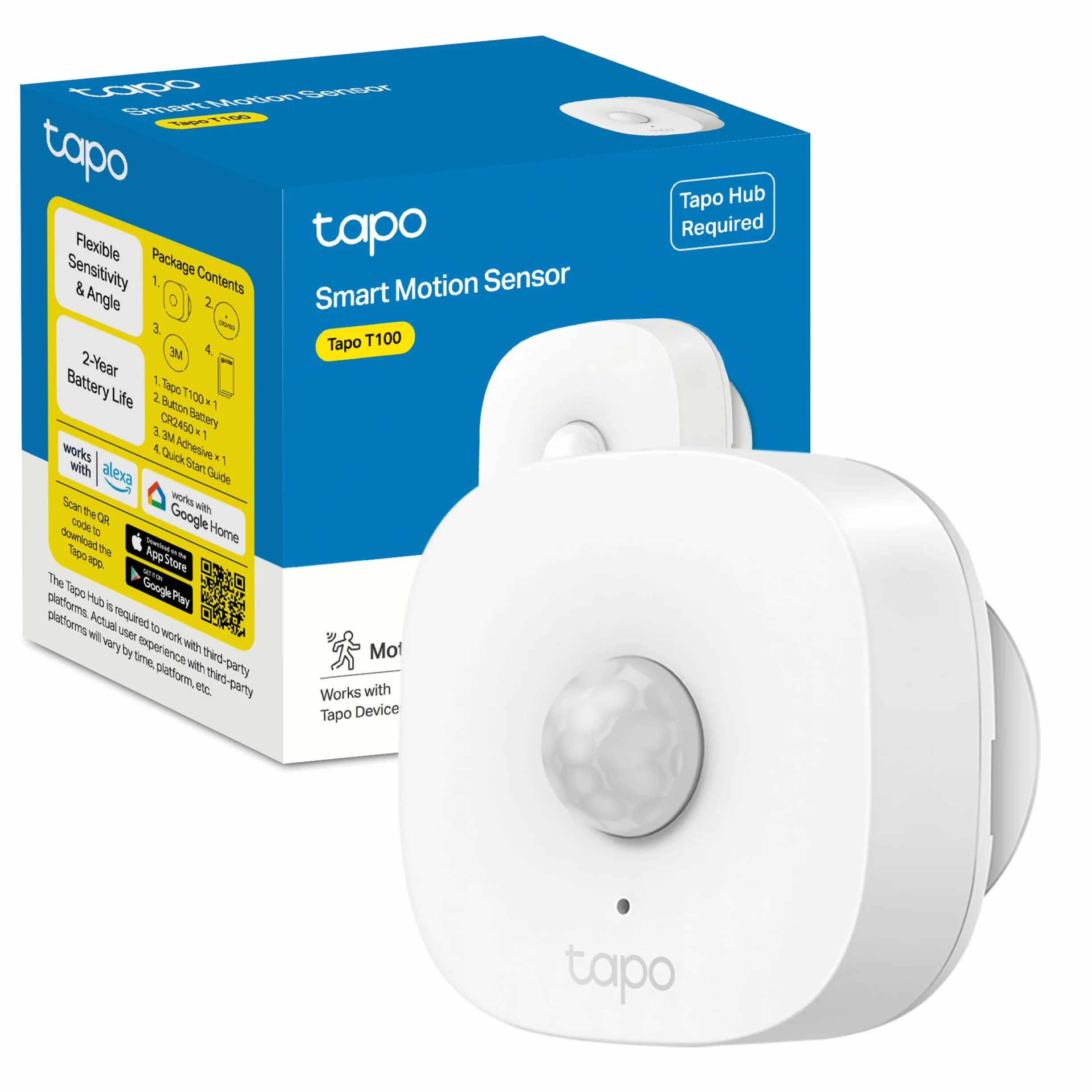 Tapo TP-Link T100 - Detector de Movimiento WiFi, Amplia Cobertura, Sensor de Alarma Antirrobo,Rotación 120º, Montaje Magnético, Control App, Requiere Hub