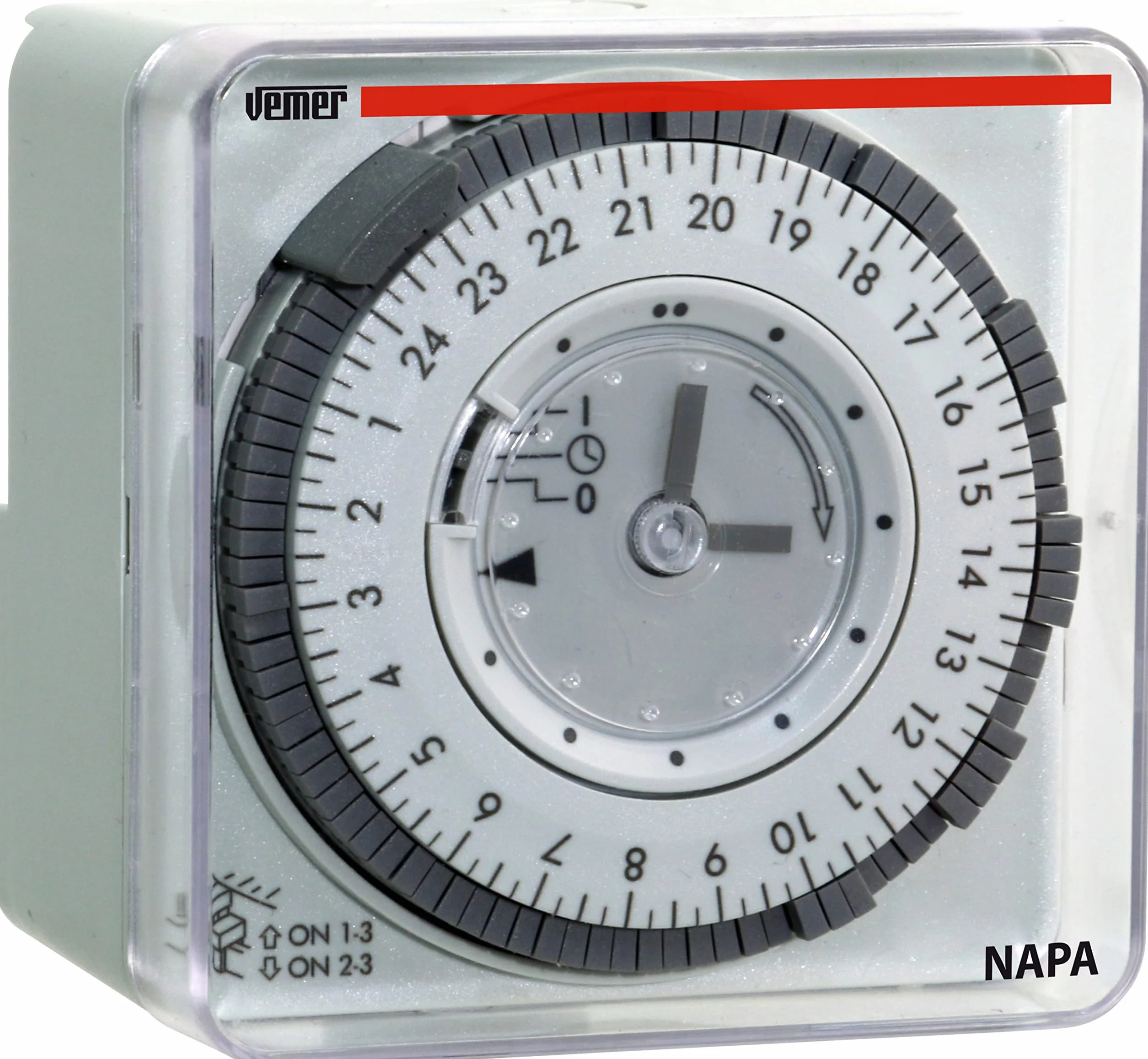 VEMER VP884100 NAPA D - Interruptor Horario Electromecánico, Temporizador con Programación Diaria, Instalación en Pared, Panel o Carril DIN, Gris Claro