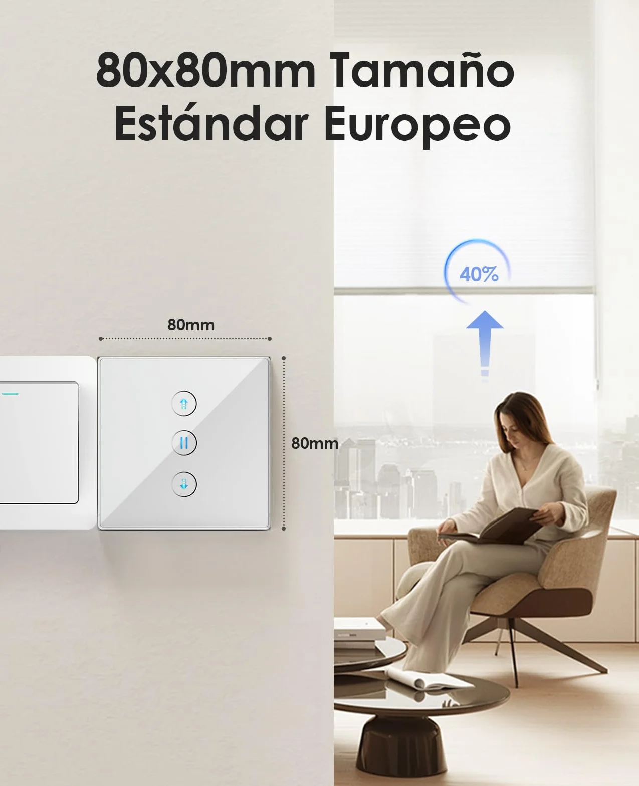 Interruptor de Persiana Inteligente con control por Porcentaje, 80 * 80mm Interruptor de Persiana Wifi, Control por Voz Compatible con Alexa/Google Home/Smart Life, Requiere Cable Neutro