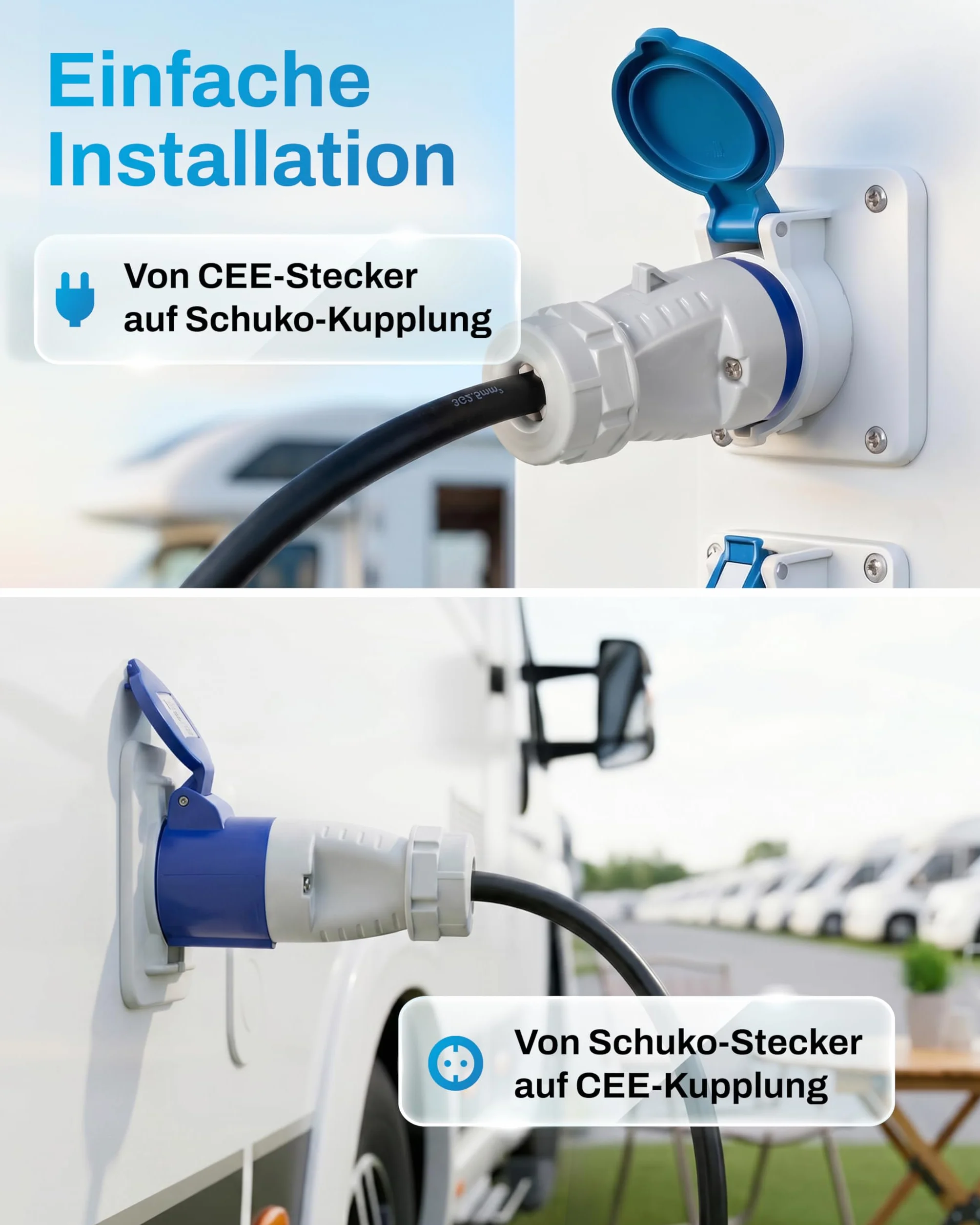 2x Adaptadores CEE – Enchufe CEE a toma Schuko y enchufe Schuko a toma CEE 230V 16A – Ideal para camping, autocaravanas y caravanas