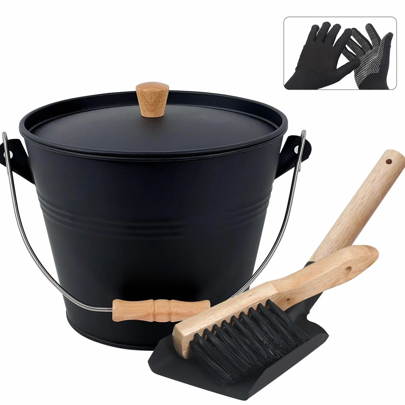 BRIAN & DANY Cubo Cenizas con Tapa, 5L Cubo para Cenizas de Chimenea con Pala y Escoba