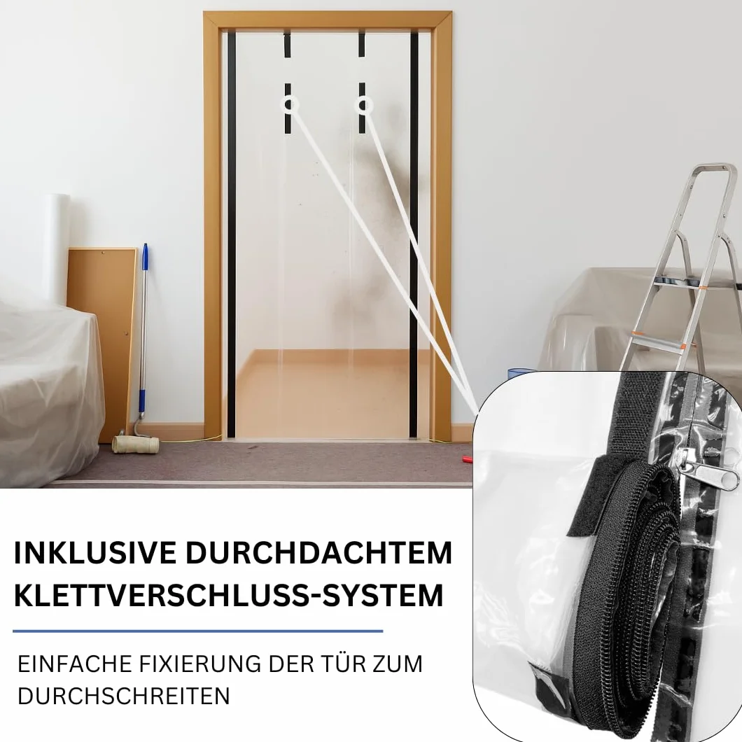 Pangolino Protector antipolvo para puerta, juego de 2 unidades, con cremallera, lámina de polietileno, 1,20 x 2,20 m, incluye cinta adhesiva de doble cara, variante con cinta de velcro