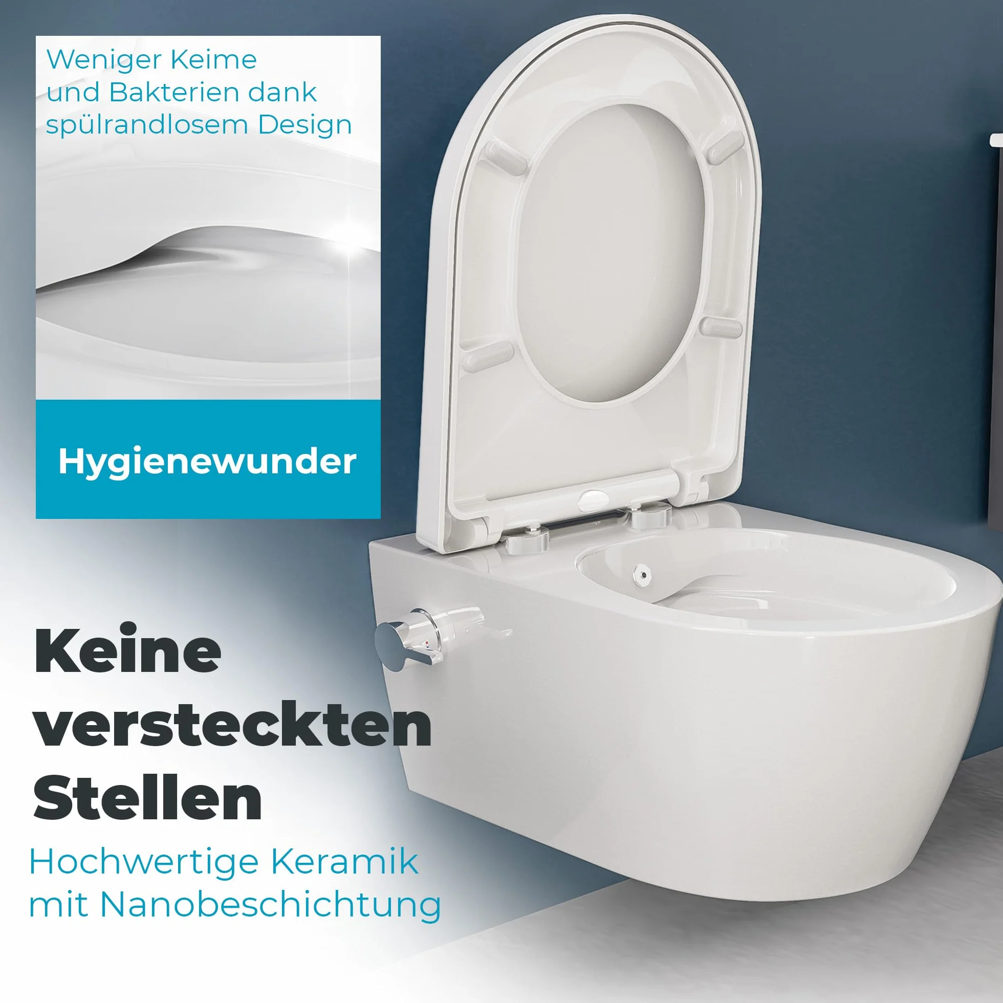 SSWW Taharet - Con Grifos y asiento extraíble Softclose | Ducha para inodoro suspendida | WC con función bidé | Higiénico | Alfa sin borde | 540 x 360 x 330 mm