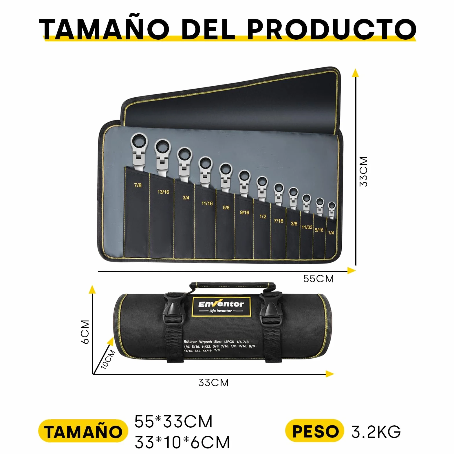 Enventor Juego de Llaves Combinadas de 12 Piezas, Juego de Llaves Combinadas con Carraca SAE 1/4"-7/8", Acero Cromo Vanadio, 72 Dientes, Cabezal Giratorio de 180°, Arco de Giro de 5°, Bolsa