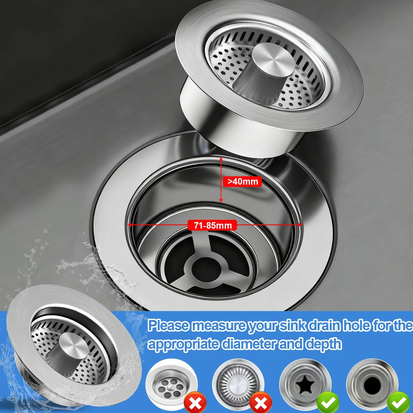 Tapon Fregadero Cocina 3 en 1 Acero Inoxidable Filtro AntiOlores Press Push 73-87mm