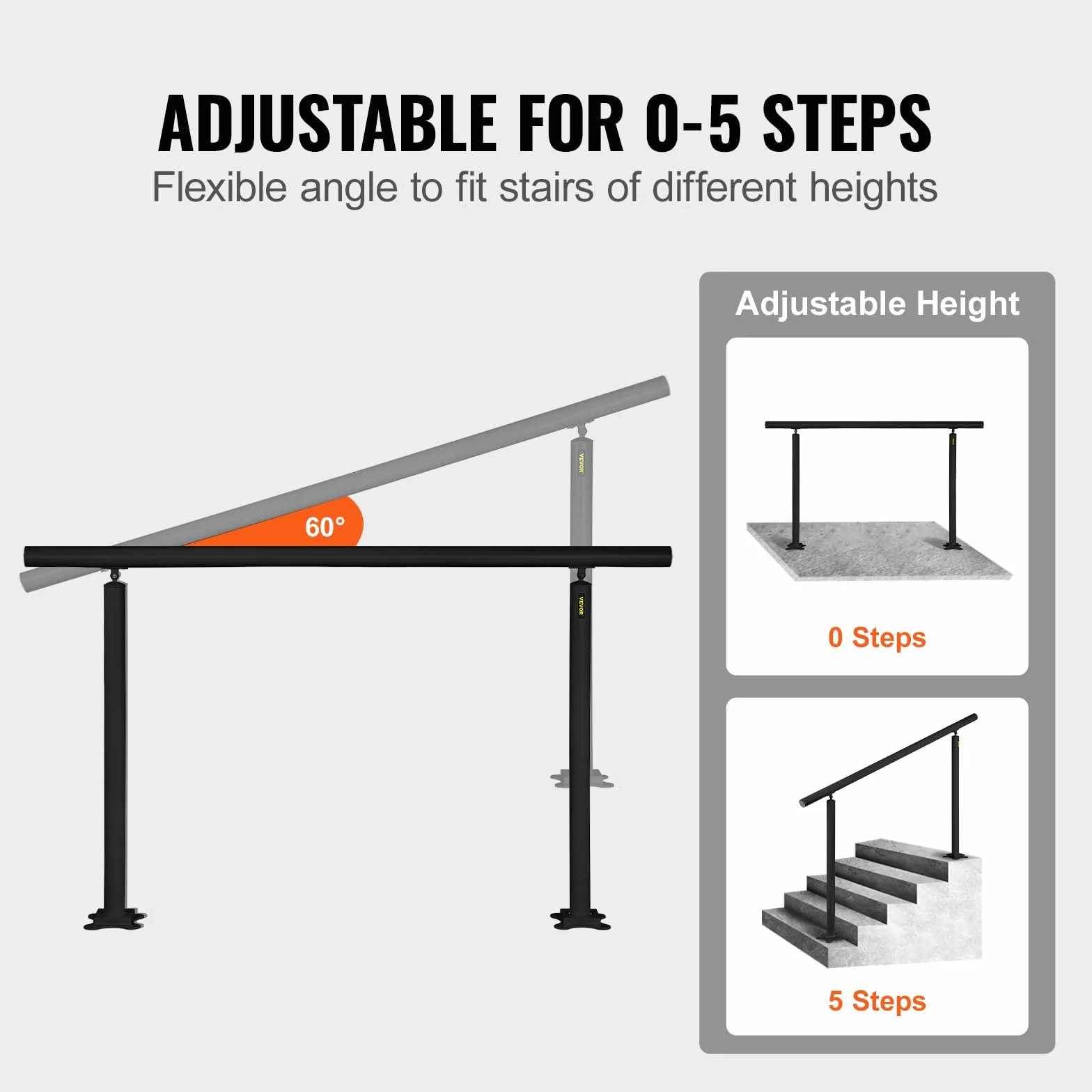 VEVOR Barandilla de Escaleras Aluminio Pasamanos de Escalón Ajuste para 0-5 Pasos Negro Baranda para Escaleras 152,8 x 91 cm Ángulo Ajustable 0°-60° para Porches Balcones Jardines Hoteles Garajes