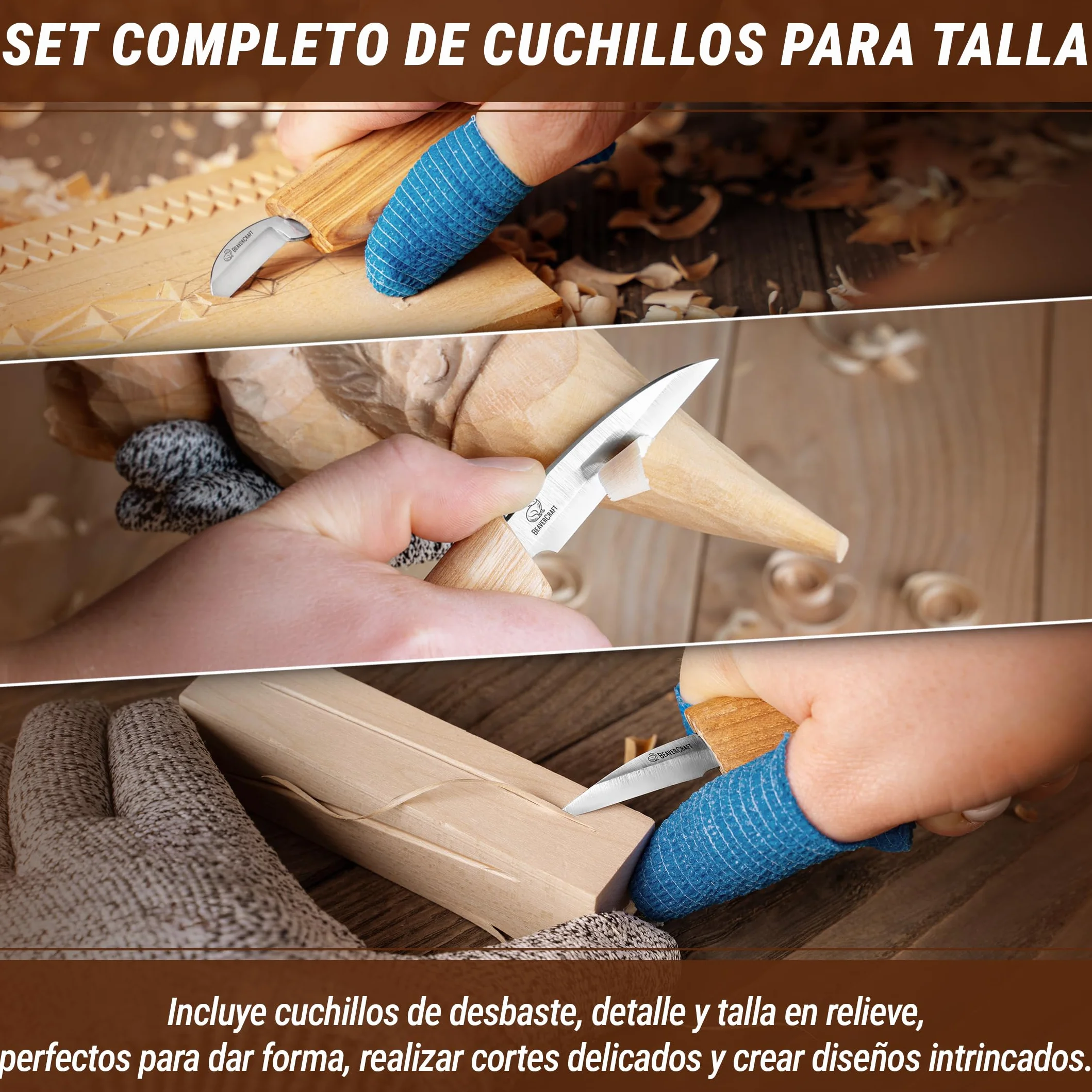 BeaverCraft S15 Kit Cuchillos Tallado Madera – Sloyd Detalle, Correa Cuero, Compuesto Pulido
