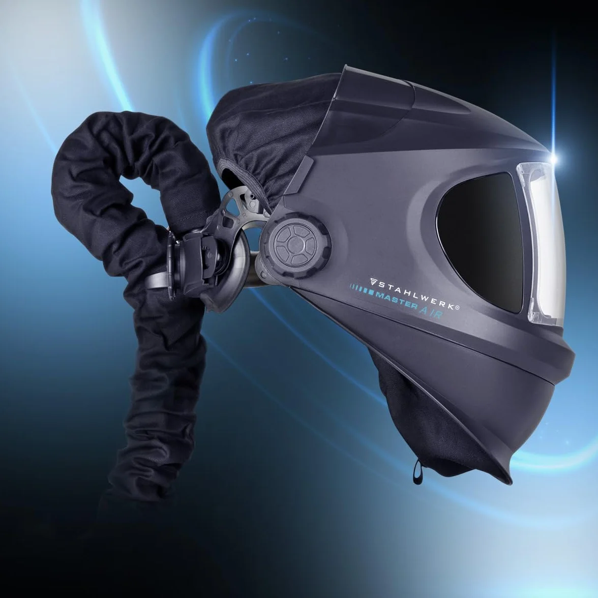 STAHLWERK Master Air - Casco de soldadura automático 3 en 1 con entrada de aire fresco, control de función por Bluetooth, reproducción de color verdadero, oscurecimiento DIN 4 a DIN 14, clase óptica 1