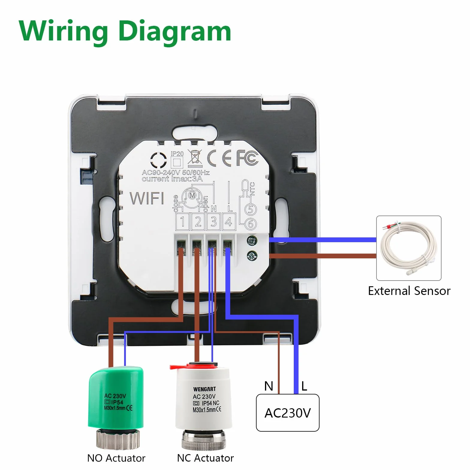 Wengart Termostato WiFi Inteligente para Suelo Radiante por Agua (3A),Modo Frío y Calor Conmutable,Compatible con Alexa/Google Home,App Tuya/Smart Life,Caja Redonda 60mm, Detección de Ventana Abierta